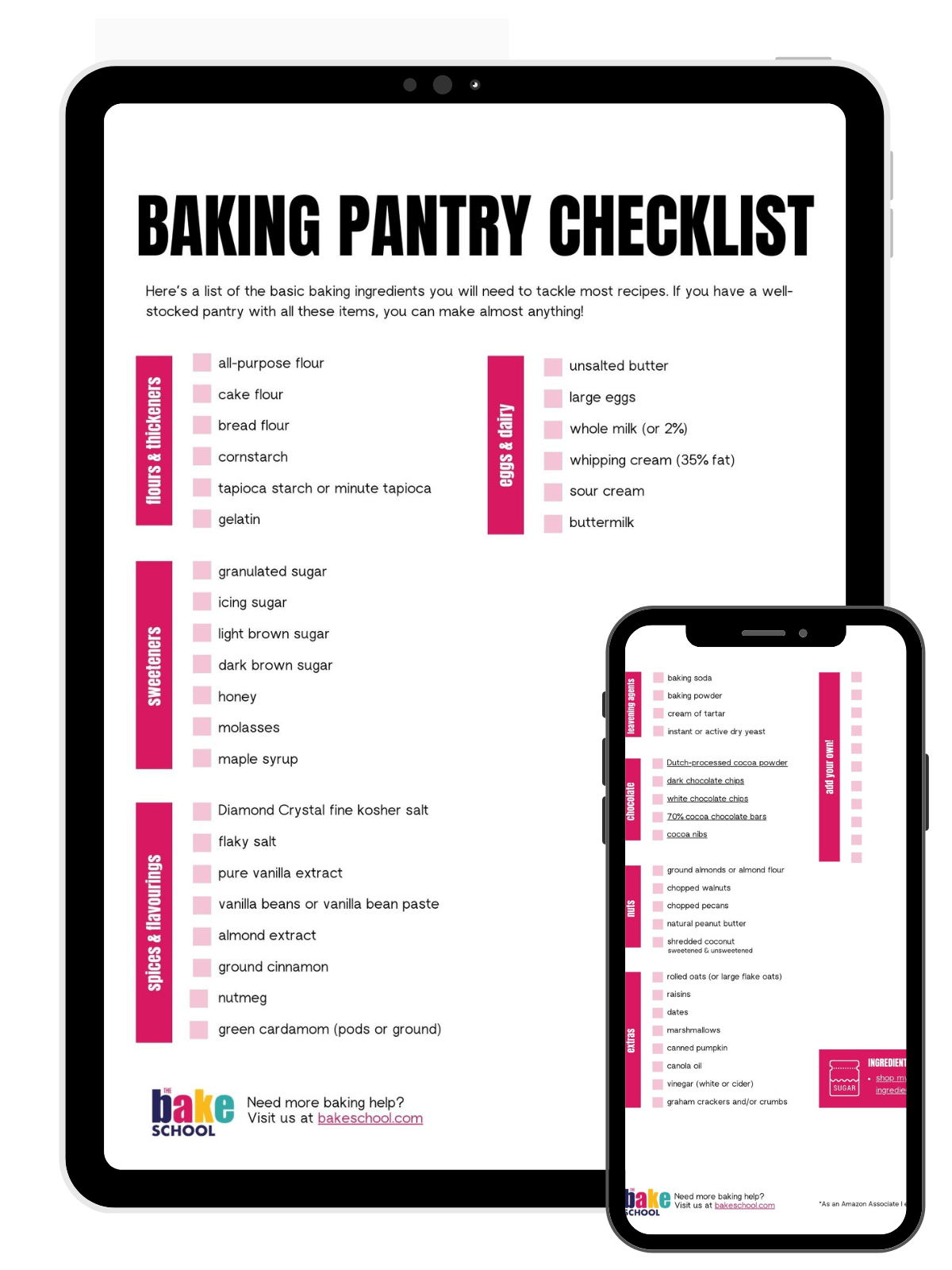 Baking pantry checklist displayed on a tablet and smartphone.