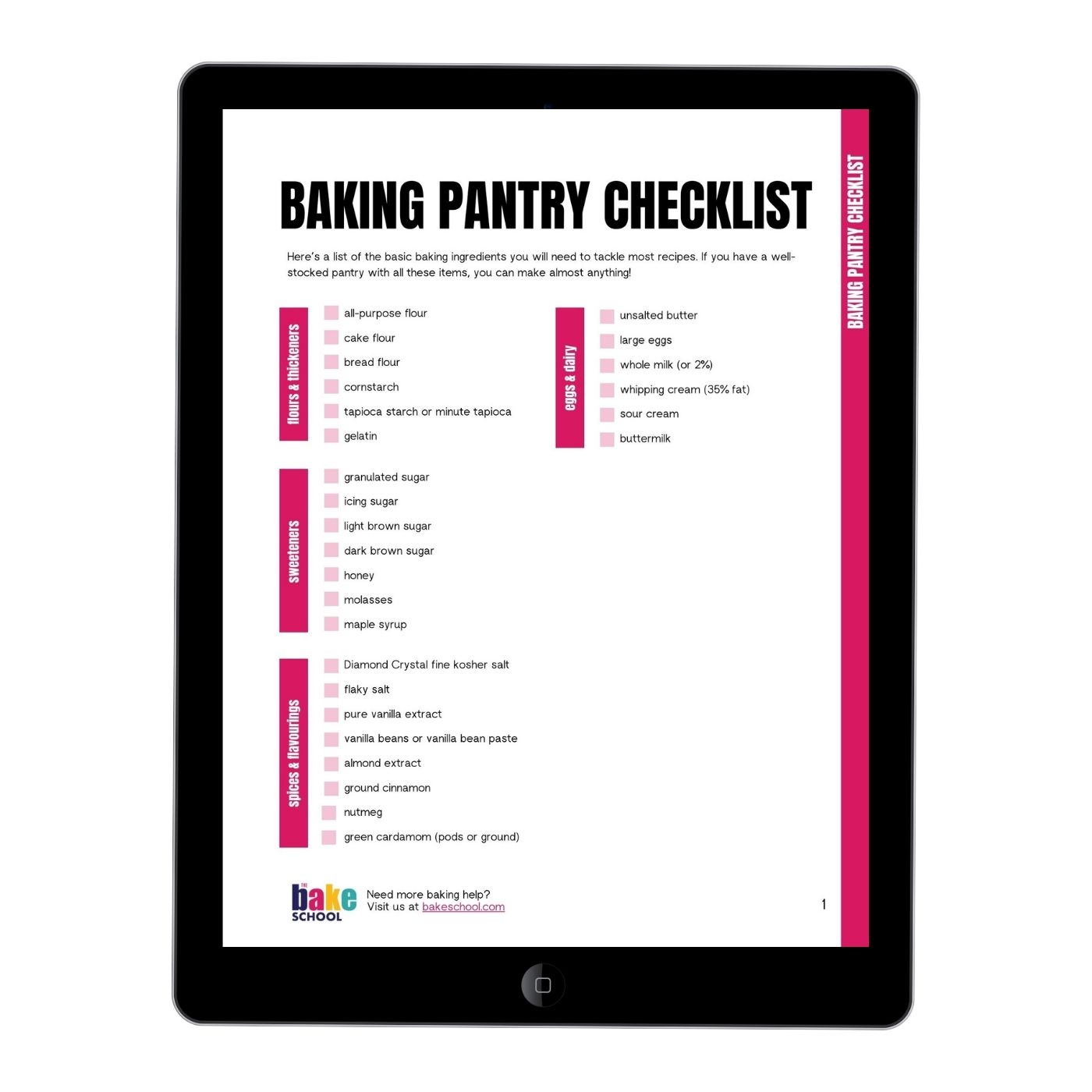 Baking pantry shopping list displayed on a tablet.