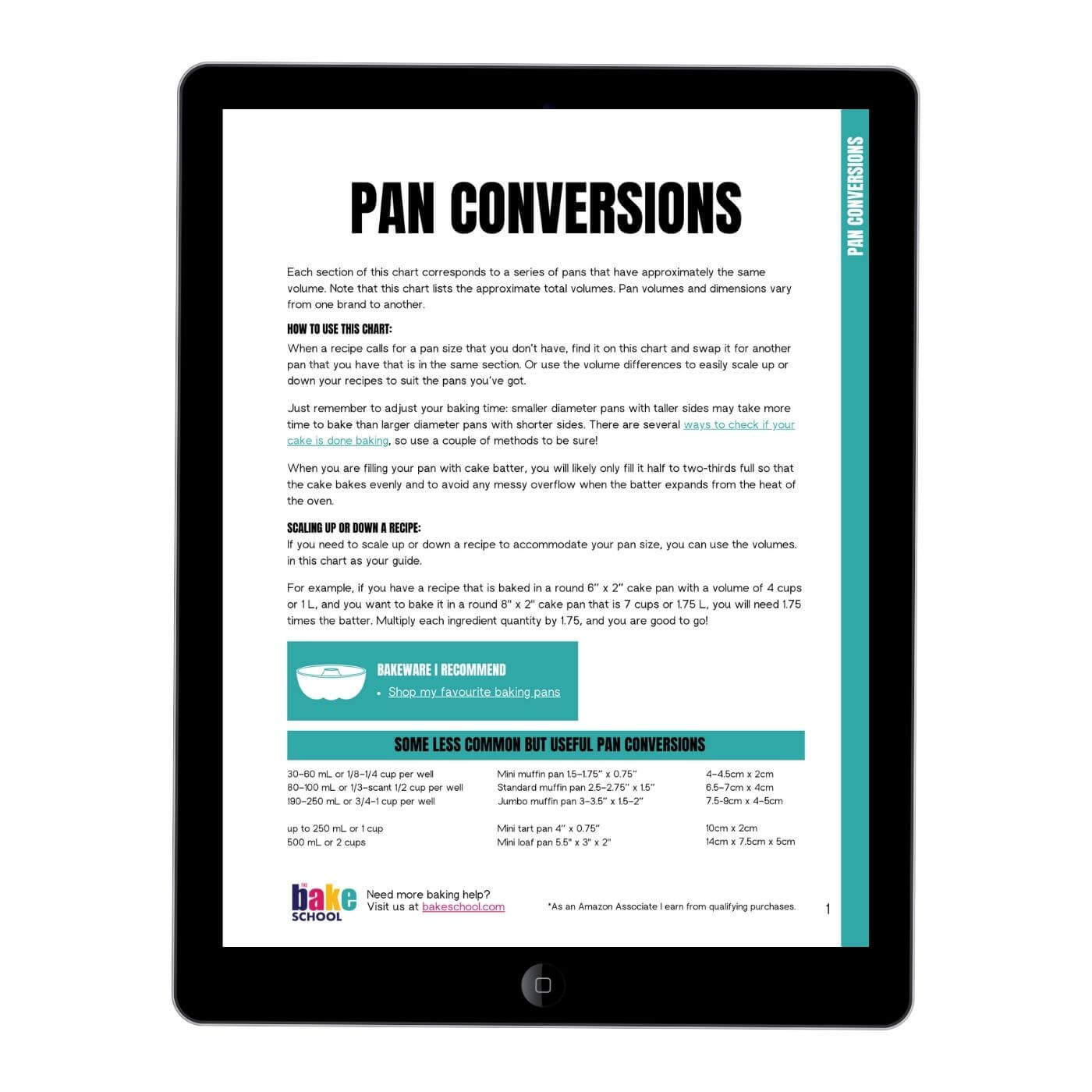 Baking pan conversions chart displayed on an iPad screen.