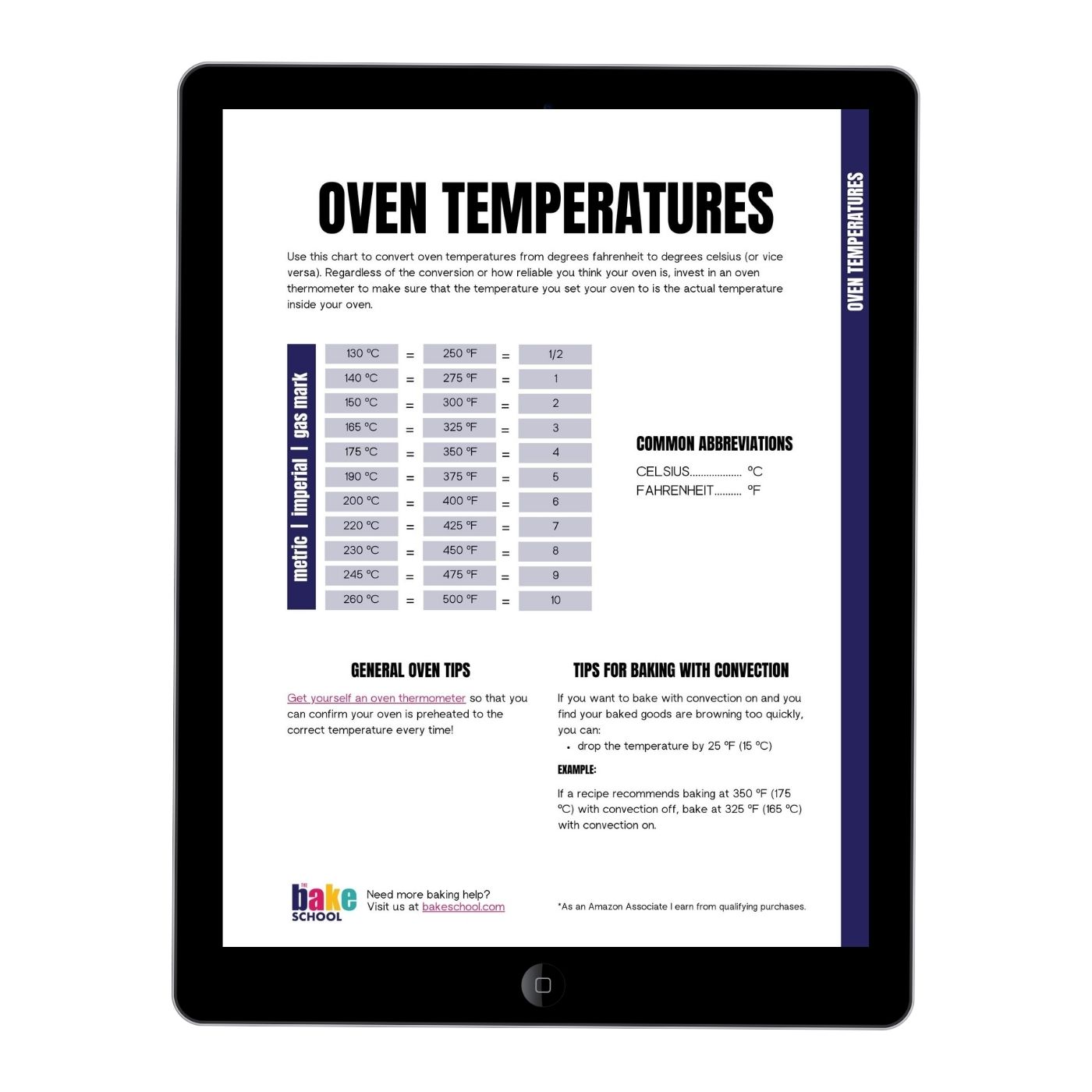 Chart of oven temperature conversions displayed on an iPad.