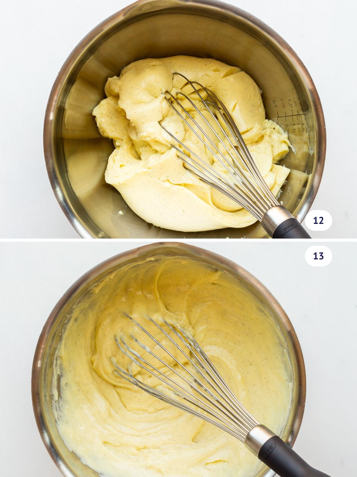 A collage to show the texture of homemade pastry after chilling until cold versus after whisking to loosen it until smooth and creamy.