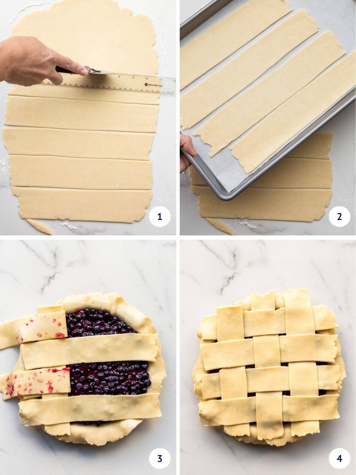 Steps for cutting dough and weaving a lattice pie crust top on a blueberry pie.