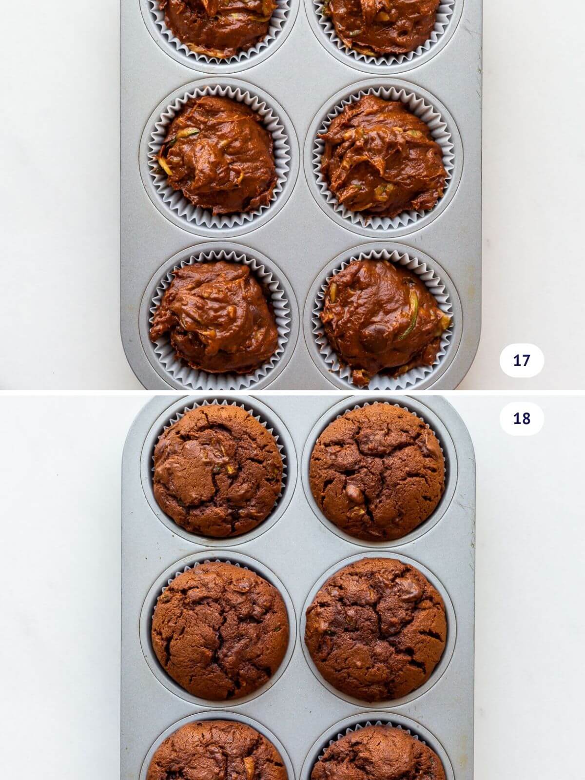 Collage to show double chocolate zucchini muffins before and after baking in a muffin pan.