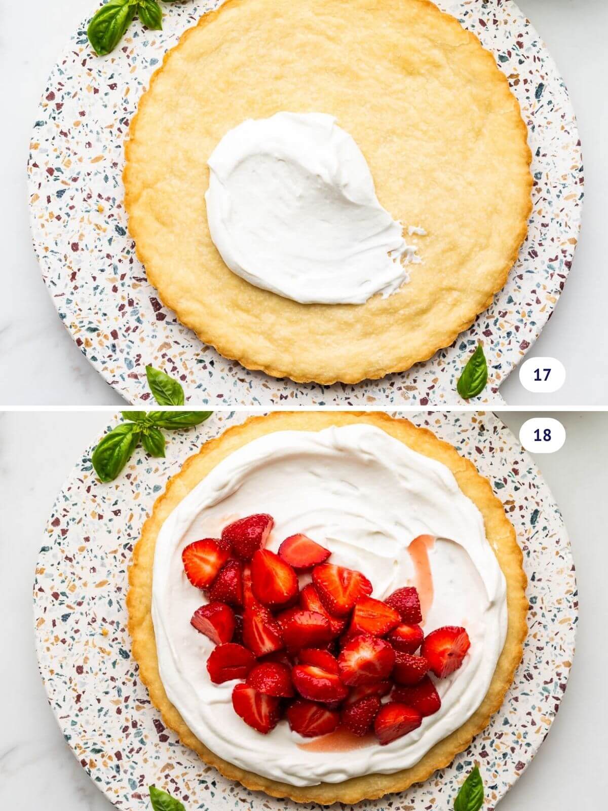 Collage to show assembling a strawberry cream tart, topping the crust with whipped cream and then scattering sliced strawberries over top.