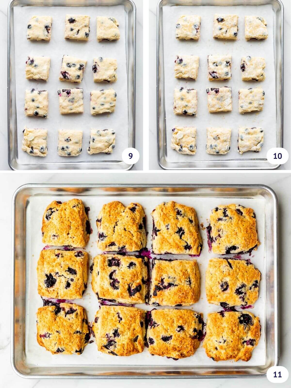 Collage of images of square-shaped blueberry scones on sheet pans unbaked (before and after garnishing) and then baked until golden brown.