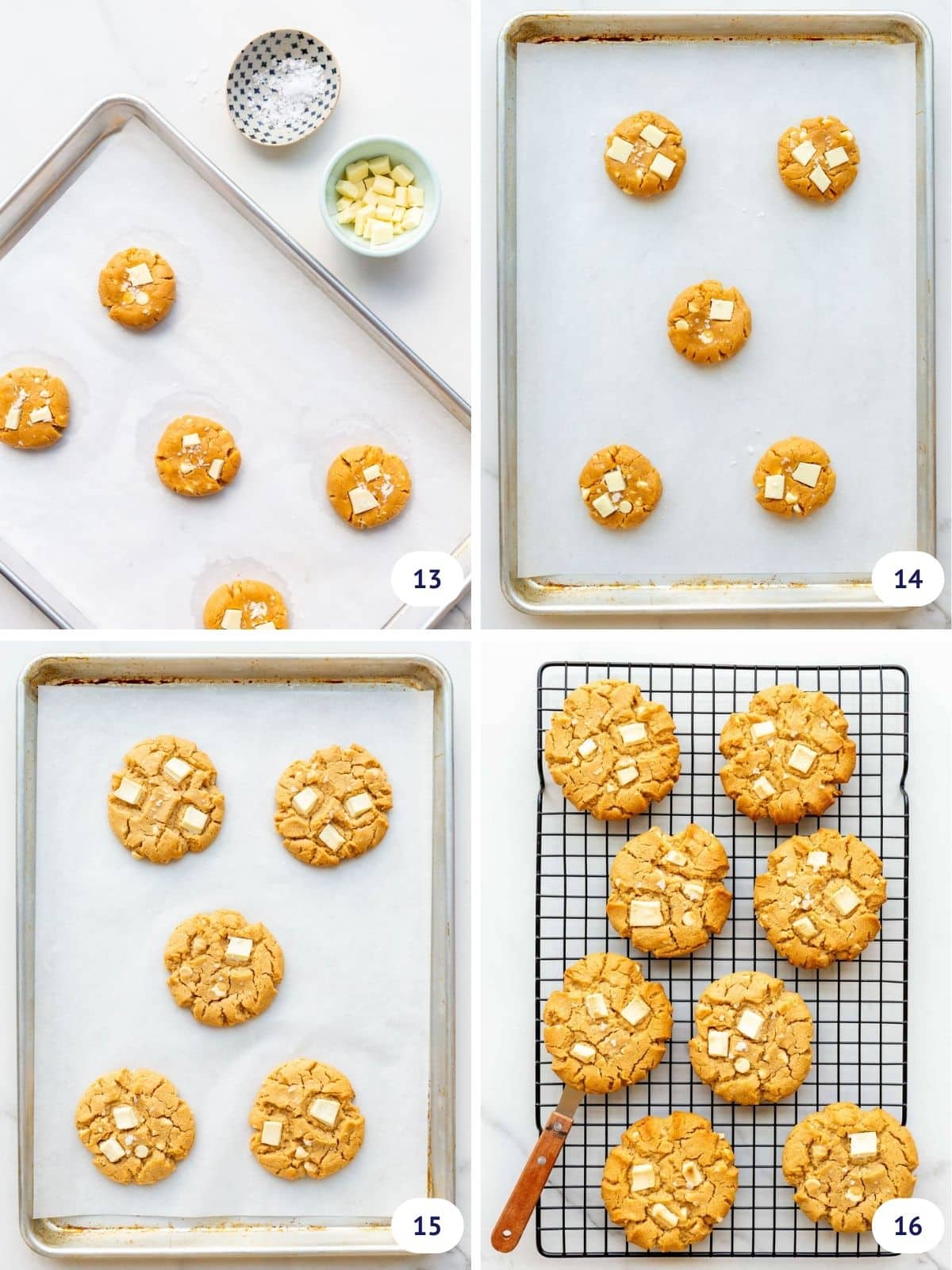 Collage to show garnishing unbaked peanut butter cookies with flaky sea salt and chunks of white chocolate before baking them and cooling them on a wire rack.