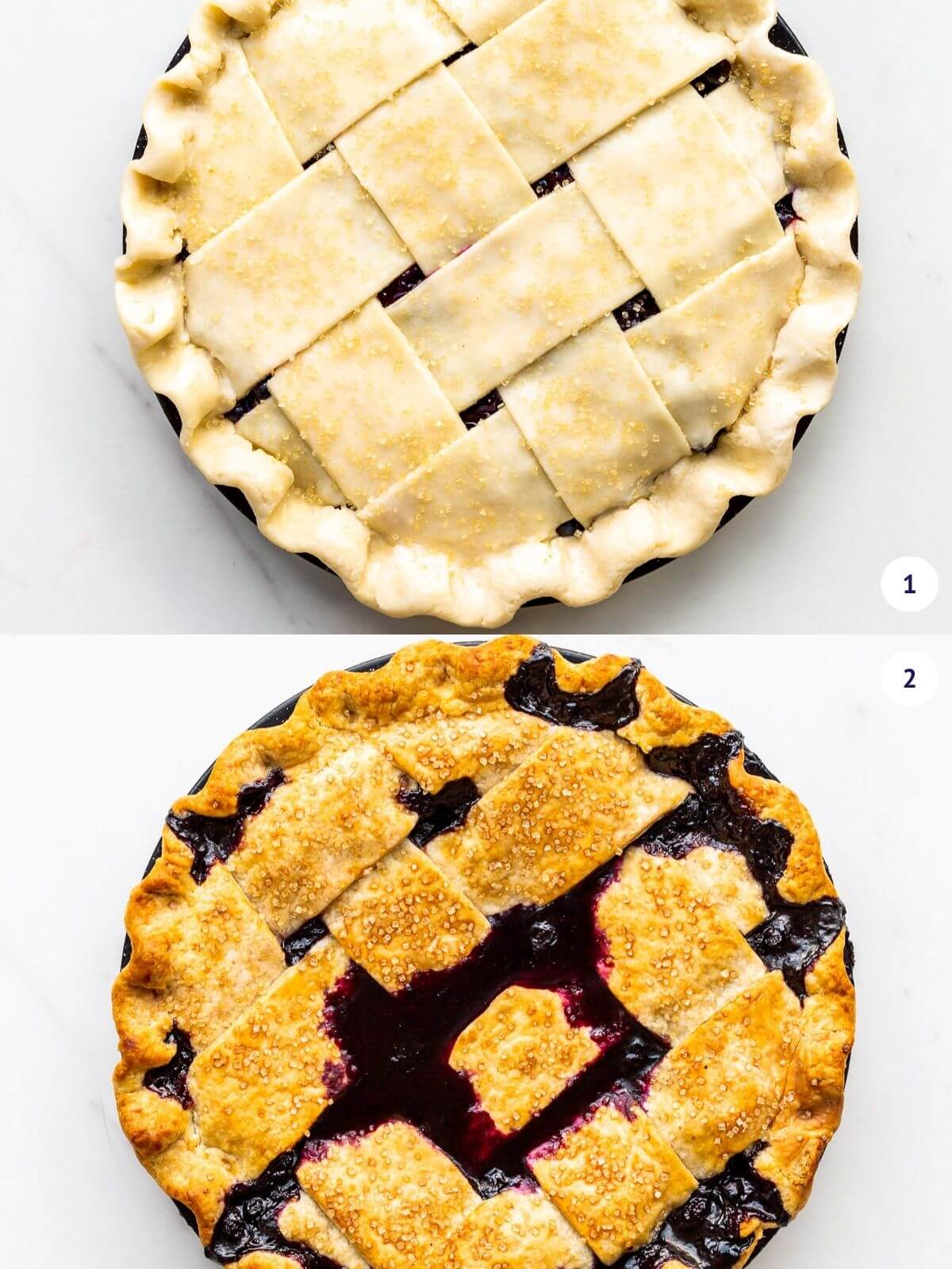 Homemade blueberry pie before and after baking.