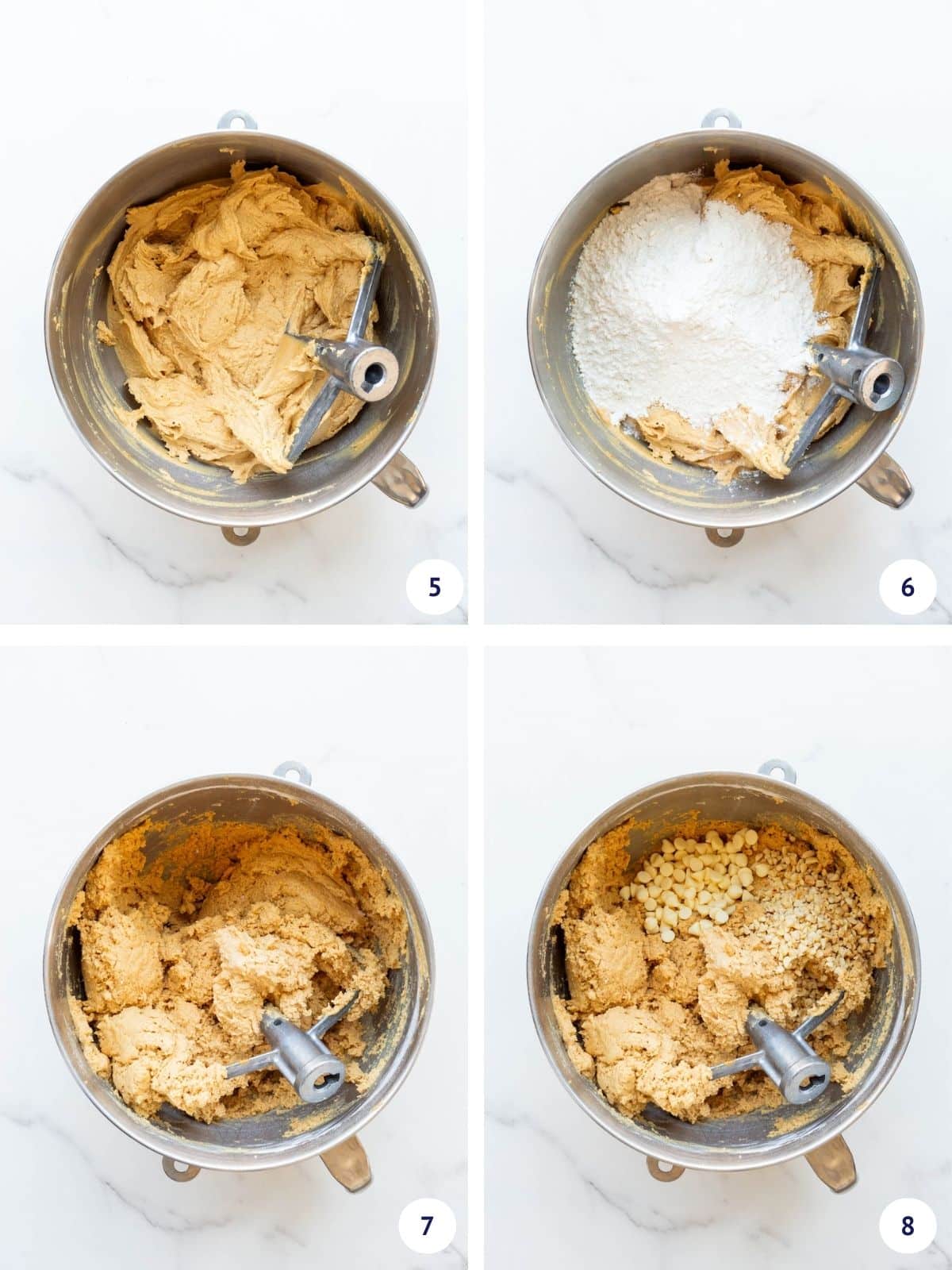 Collage to show incorporating dry ingredients in peanut butter cookie dough, followed by white chocolate chips and chopped peanuts.