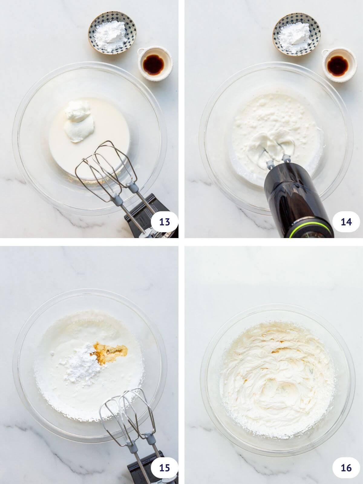 Collage to show making yogurt whipped cream in a glass bowl, from whipping the cream and yogurt until thickened, then incorporating the icing sugar and vanilla and whipping until firm and very thick.
