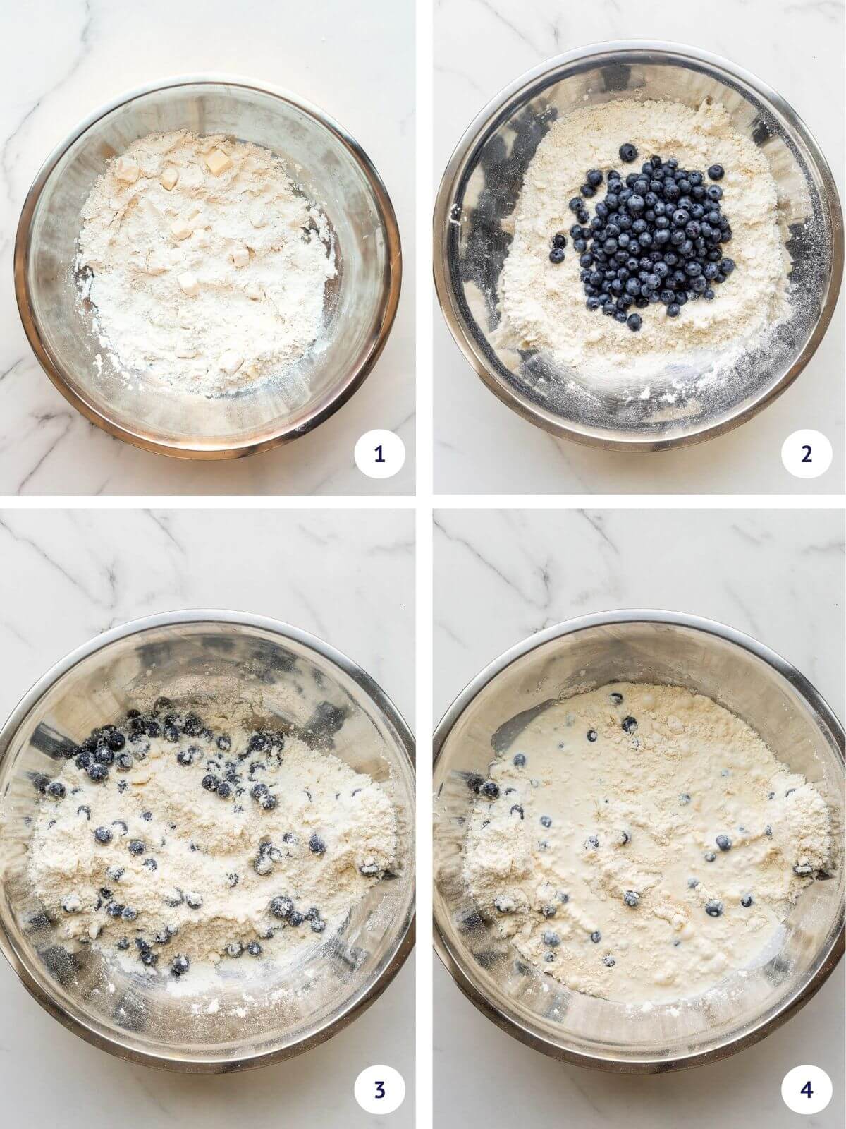 Collage depicting the 4 stages of making the dough for blueberry scones, starting with incorporating the butter with the dry ingredients, then mixing in the blueberries, and then cream to form a shaggy dough.