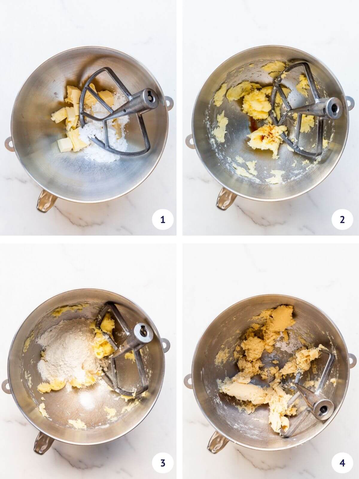 A collage to show making shortbread cookie dough for a tart crust, from creaming the butter and sugar, adding the vanilla, then stirring in the flour in the bowl of a stand mixer with a paddle attachment.