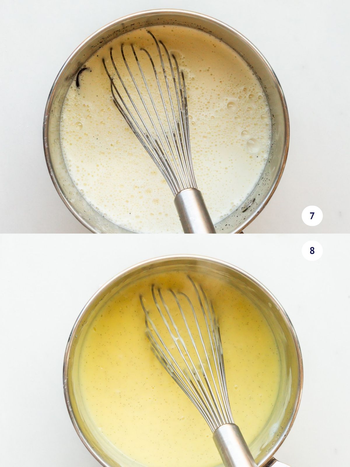 Pastry cream in a saucepan before and after cooking to how that it goes from a frothy light mixture to a thick custard with a deeper yellow hue.