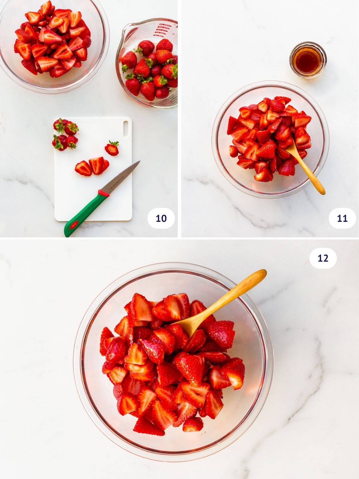 A collage to show making macerated strawberries, from slicing the fresh berries to stirring them with a little maple syrup in a glass bowl.