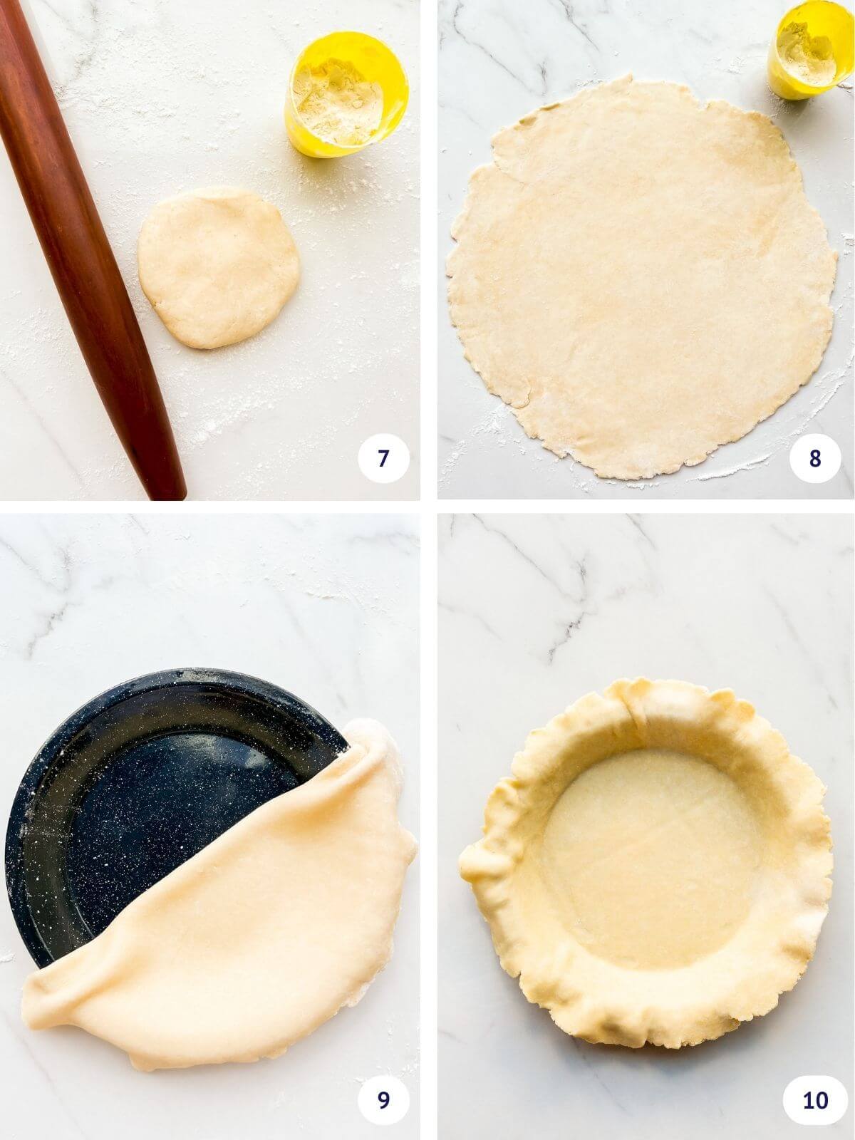 Collage to show steps of rolling out a disk of pie dough into a large, thin sheet to line a pie plate to make the bottom crust.
