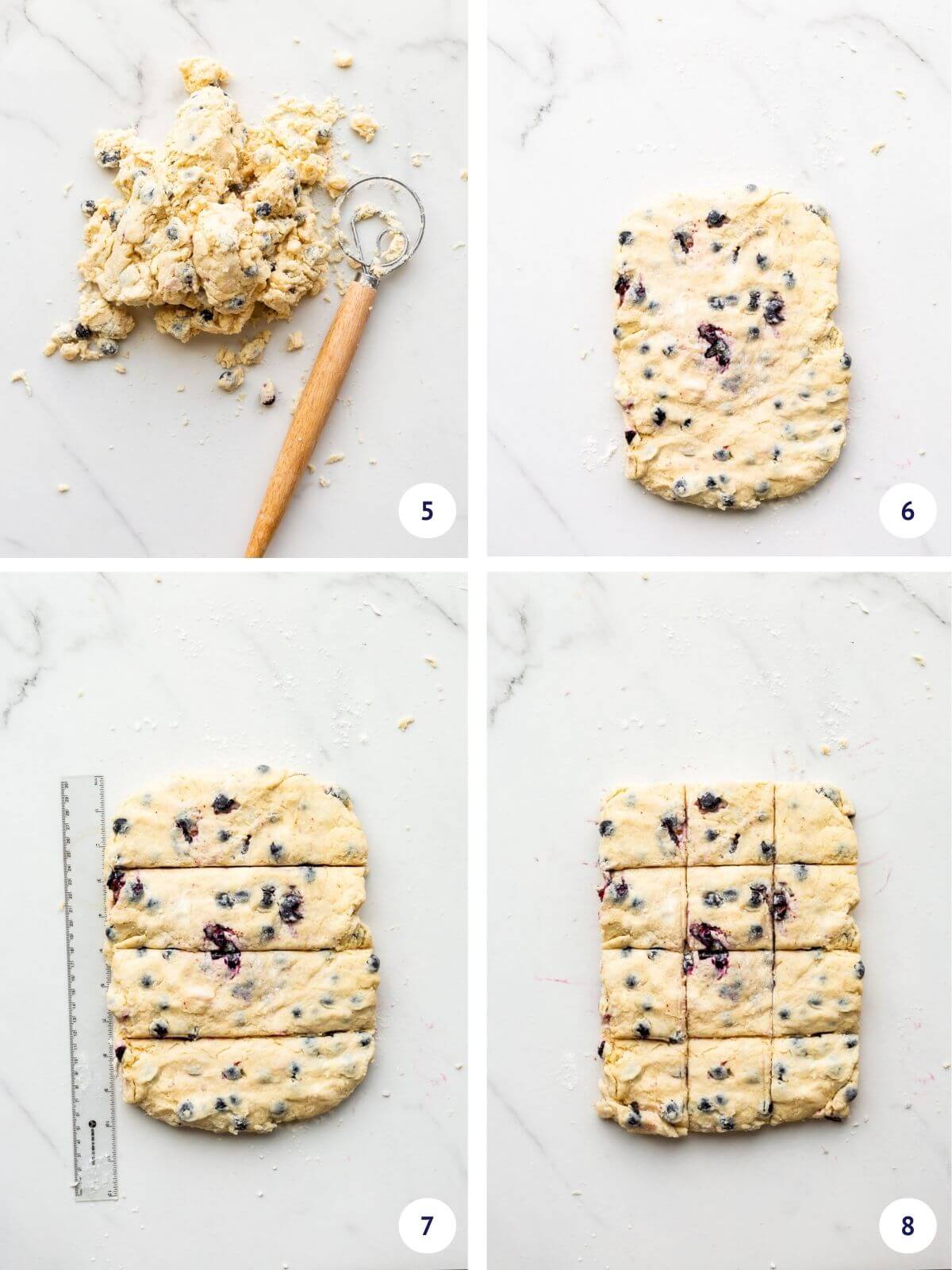 Collage to show how to shape a shaggy scone dough to cut it into 12 even rectangles to make scones with blueberries.