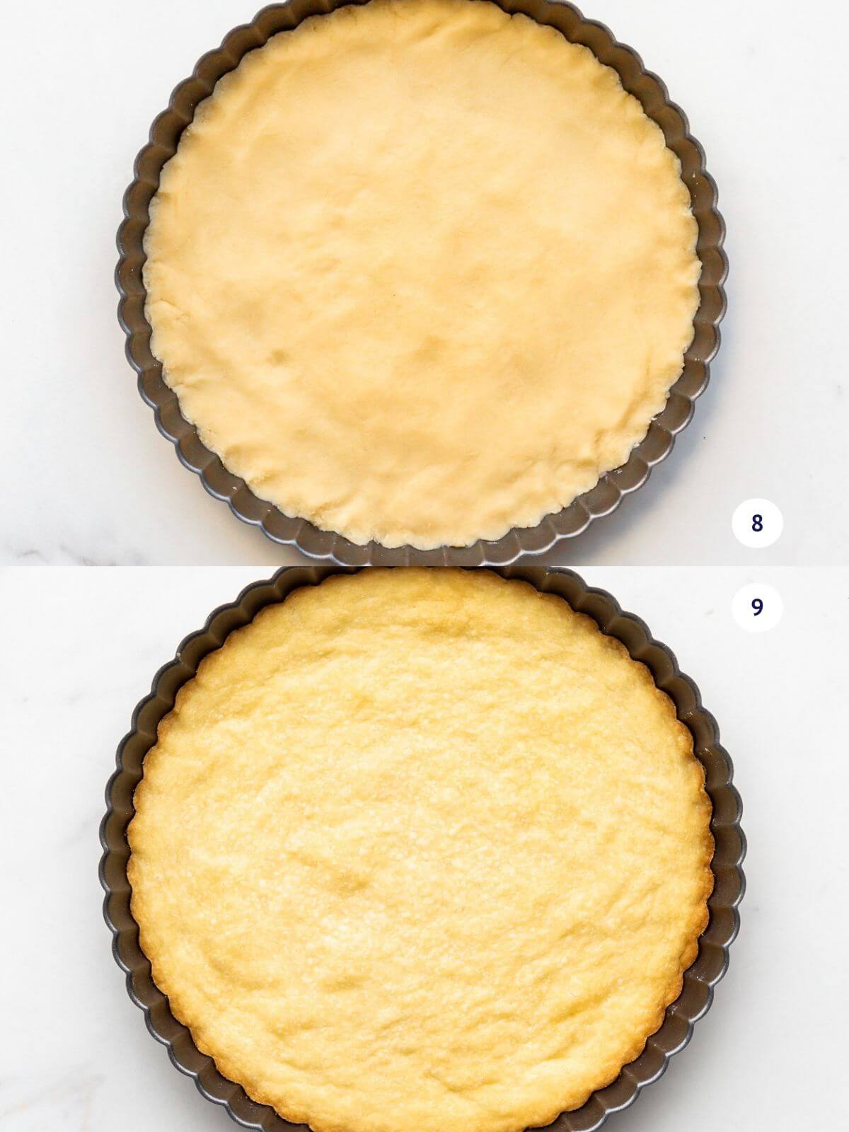 A collage to show a shortbread cookie tart crust before and after baking in a tart pan.