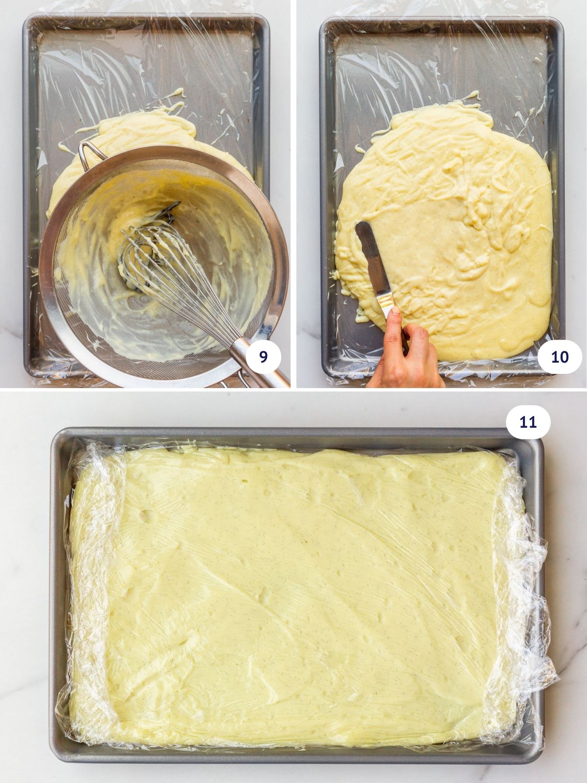 Collage of images to show straining pastry cream through a sieve and spreading it on a plastic wrap-lined sheet pan to cool it down fast.