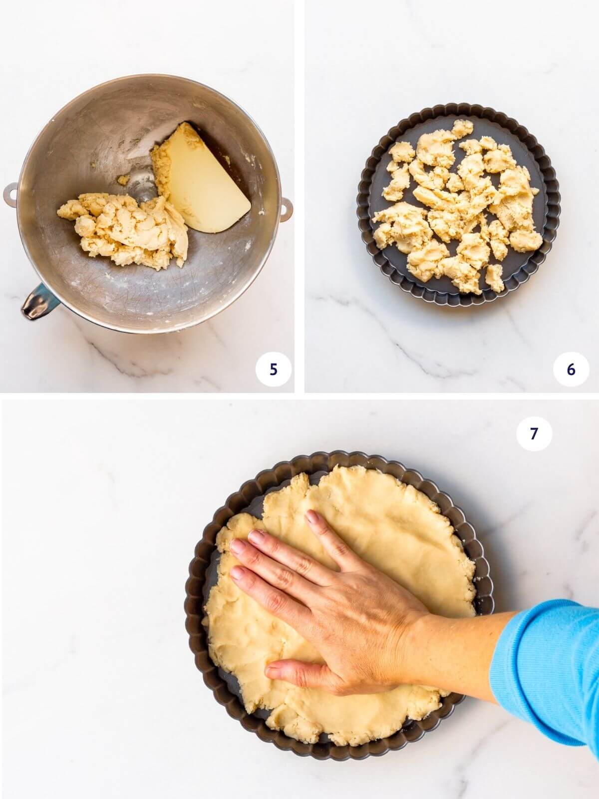 Collage of images to show scraping of shortbread cookie dough from a mixer bowl and the making a shortbread tart crust in a tart pan with that dough, pressing it in the pan with the palm of a hand.