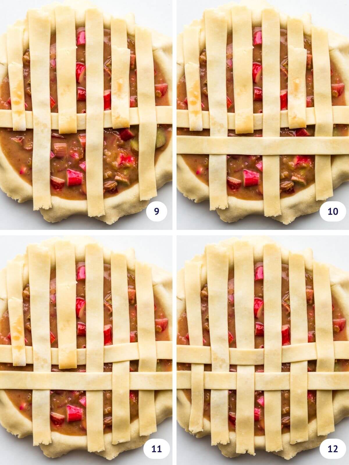Weaving the 2nd horizontal strip of pie dough to create a lattice pie crust for fruit pies.