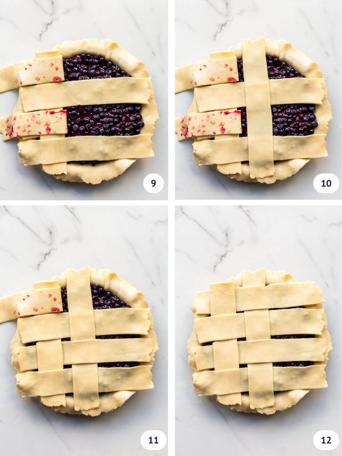 Collage to show weaving in second vertical strip of a fat lattice with 7 strips of pie dough.