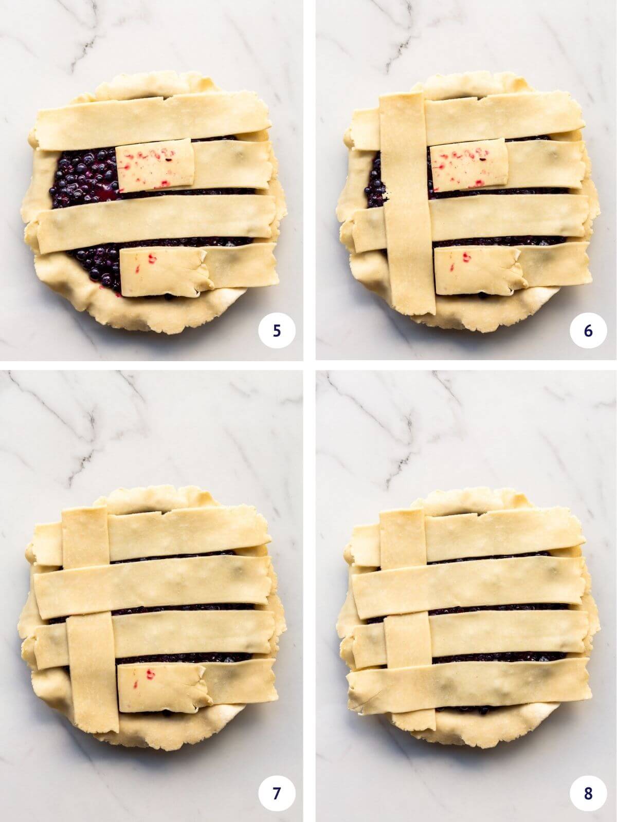 Collage to show weaving in first vertical strip of a fat lattice with 7 strips of pie dough.