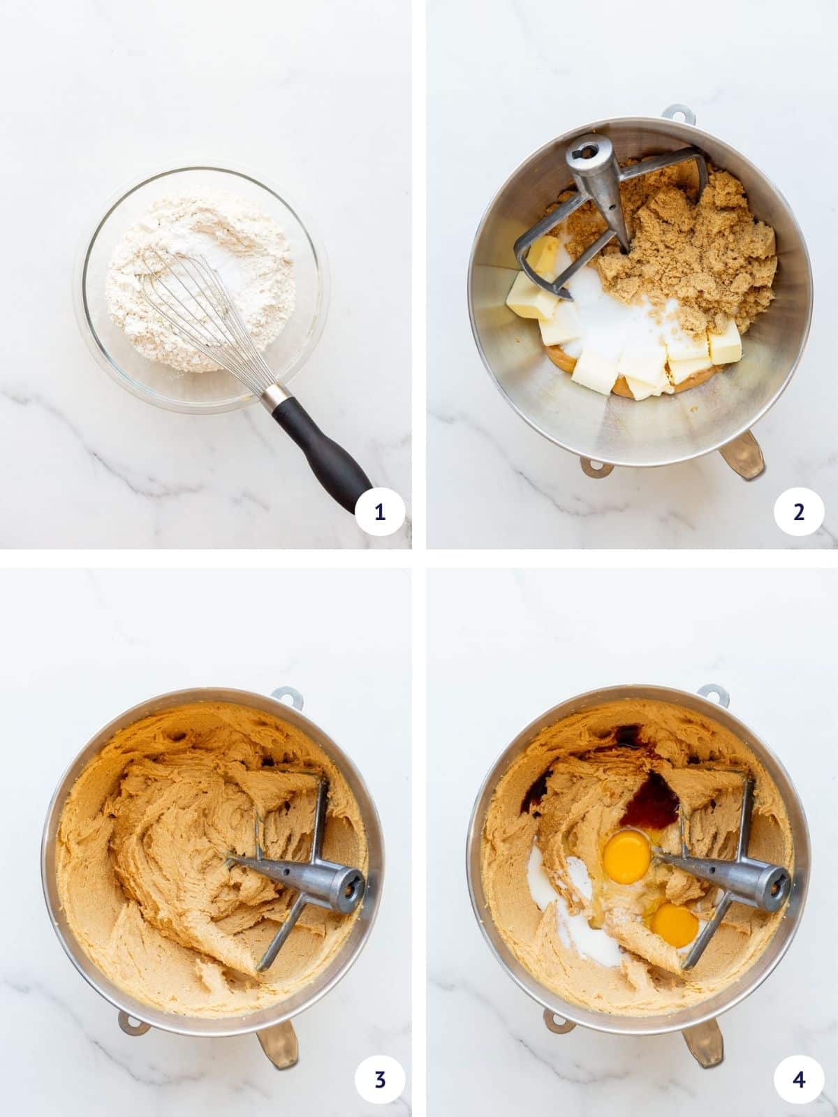 Collage to show whisking dry ingredients in a separate bowl and creaming peanut butter, butter and sugars before adding the eggs, milk, and vanilla extract to the dough.