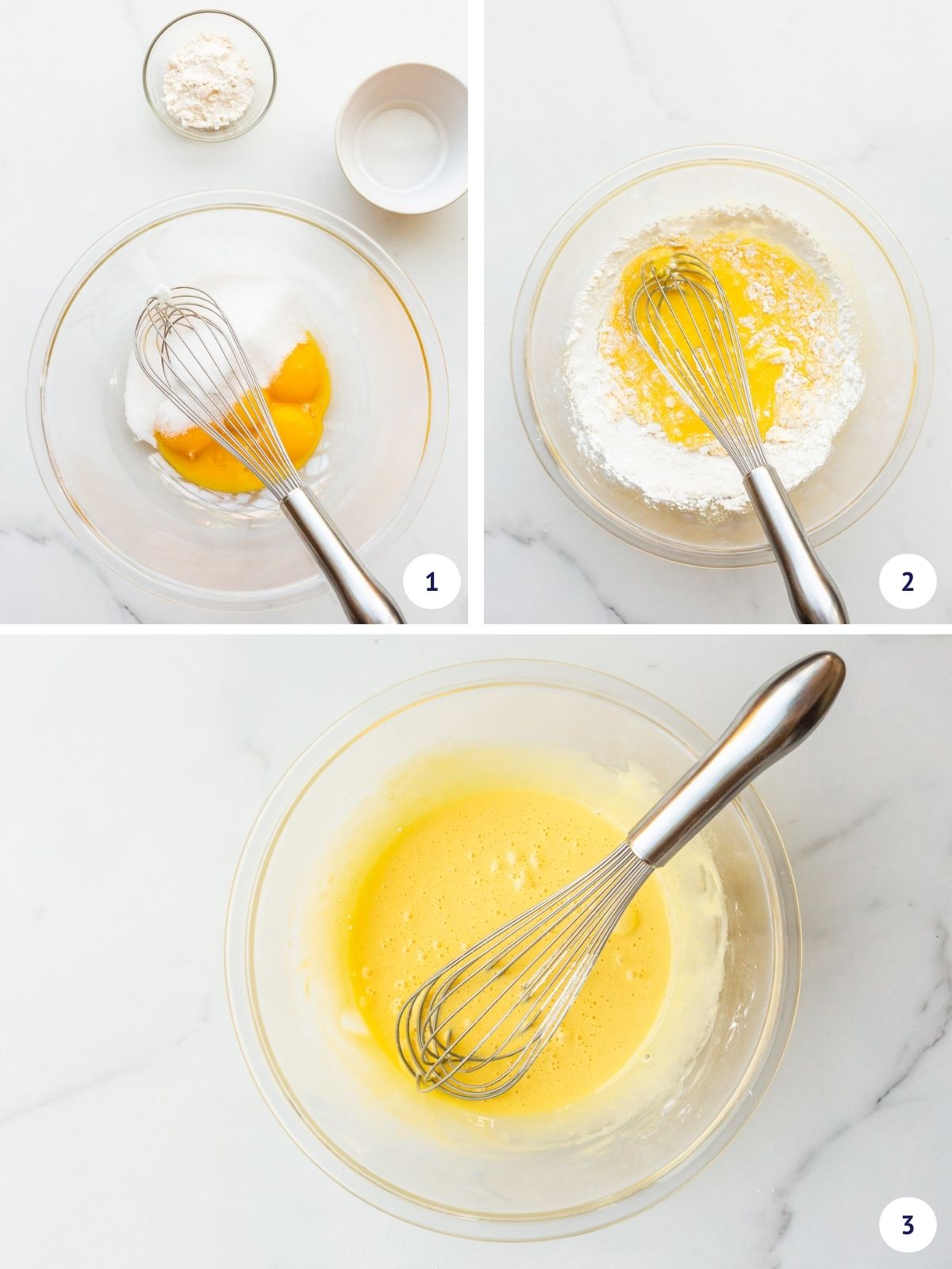 Collage to show whisking egg yolks in a glass bowl with sugar and then flour and/or starch until smooth and light in colour