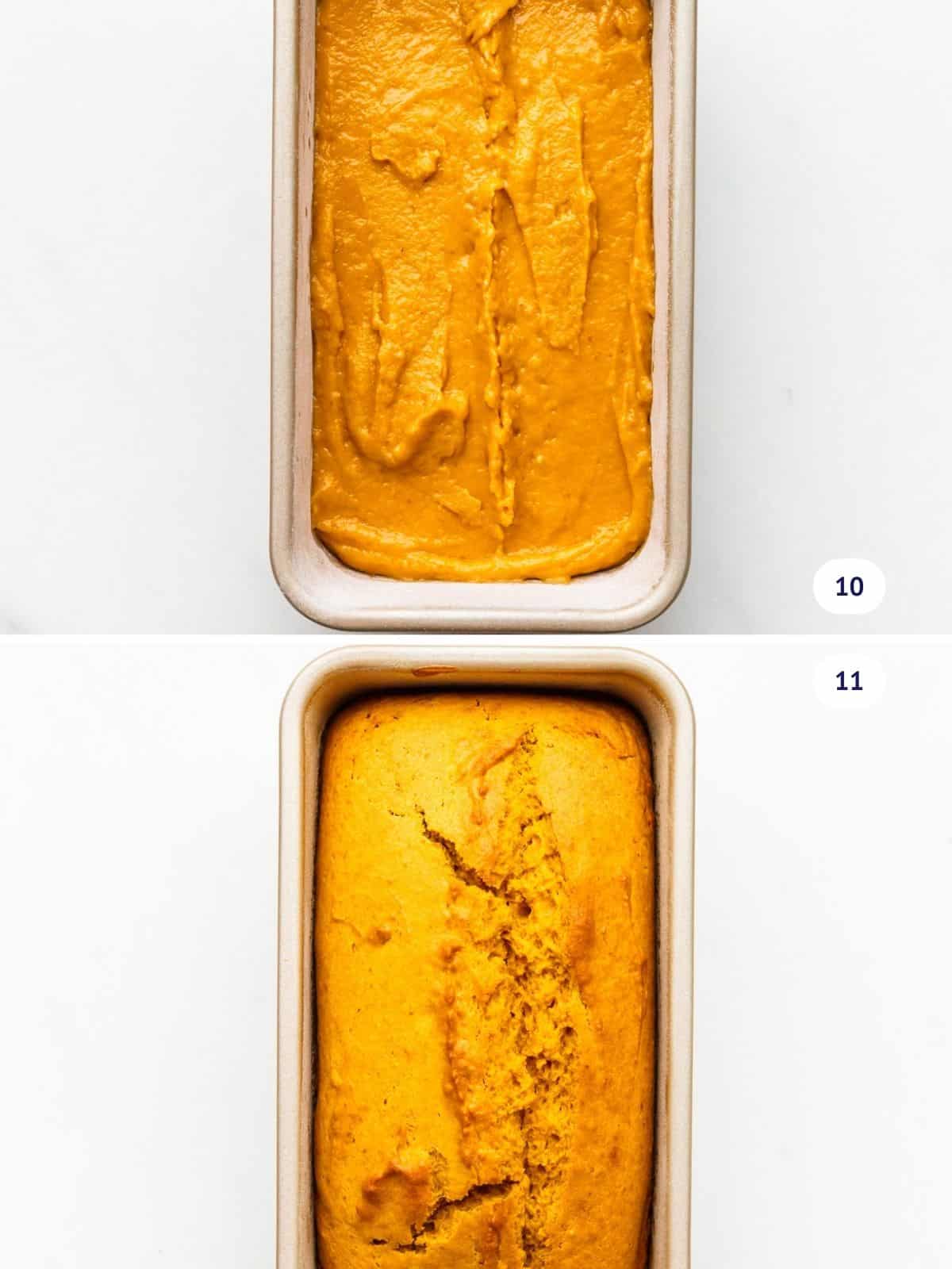 Pumpkin bread before and after baking.