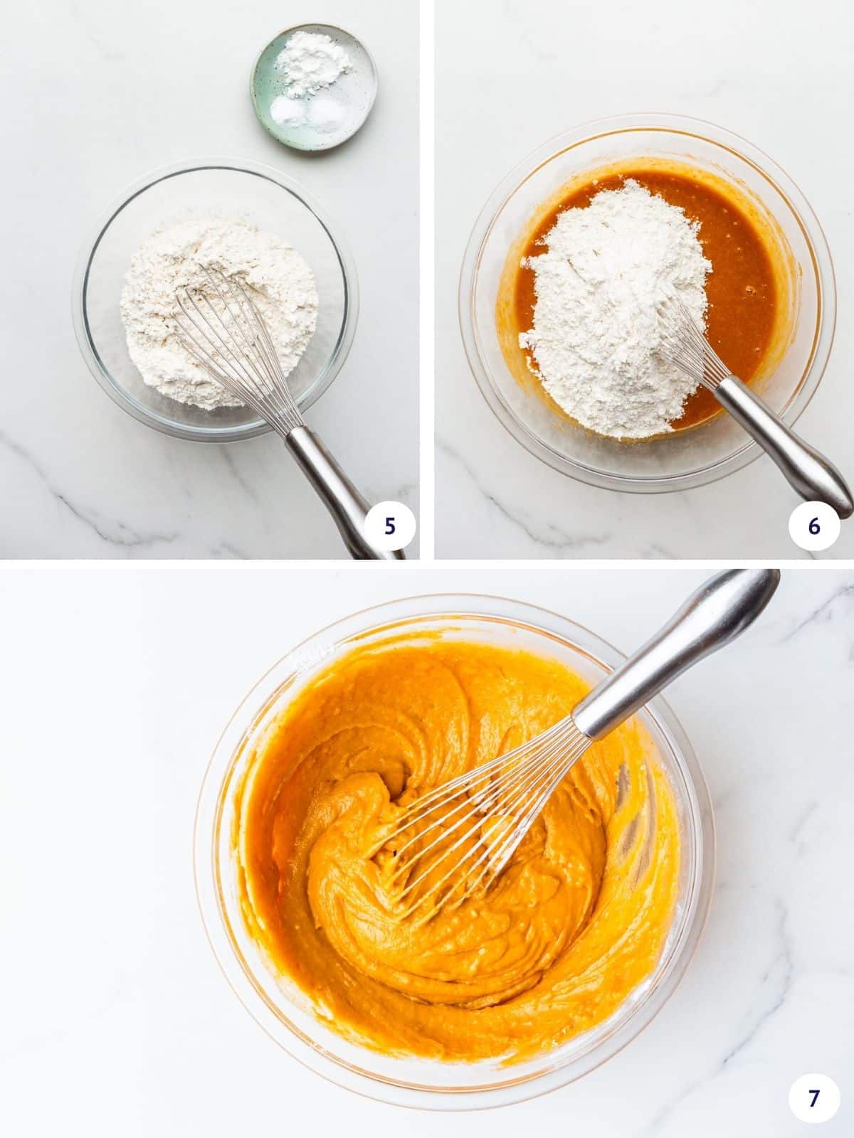 Whisking dry ingredients then combining with wet ingredients to make pumpkin bread batter in a glass bowl.