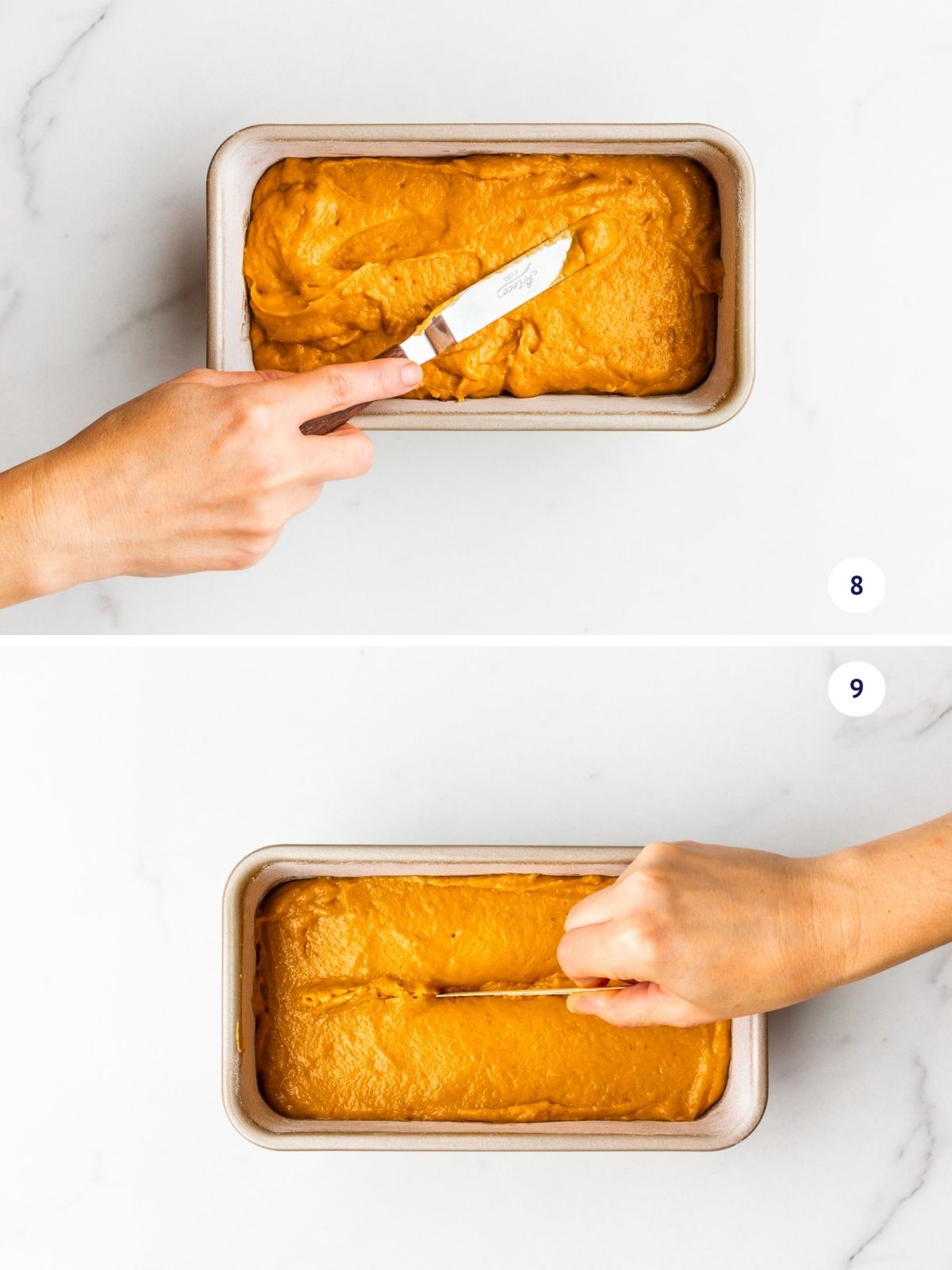 Transferring pumpkin bread batter to a loaf pan, smoothing with an offset spatula, then scoring down the middle to promote a more even crack when it bakes.
