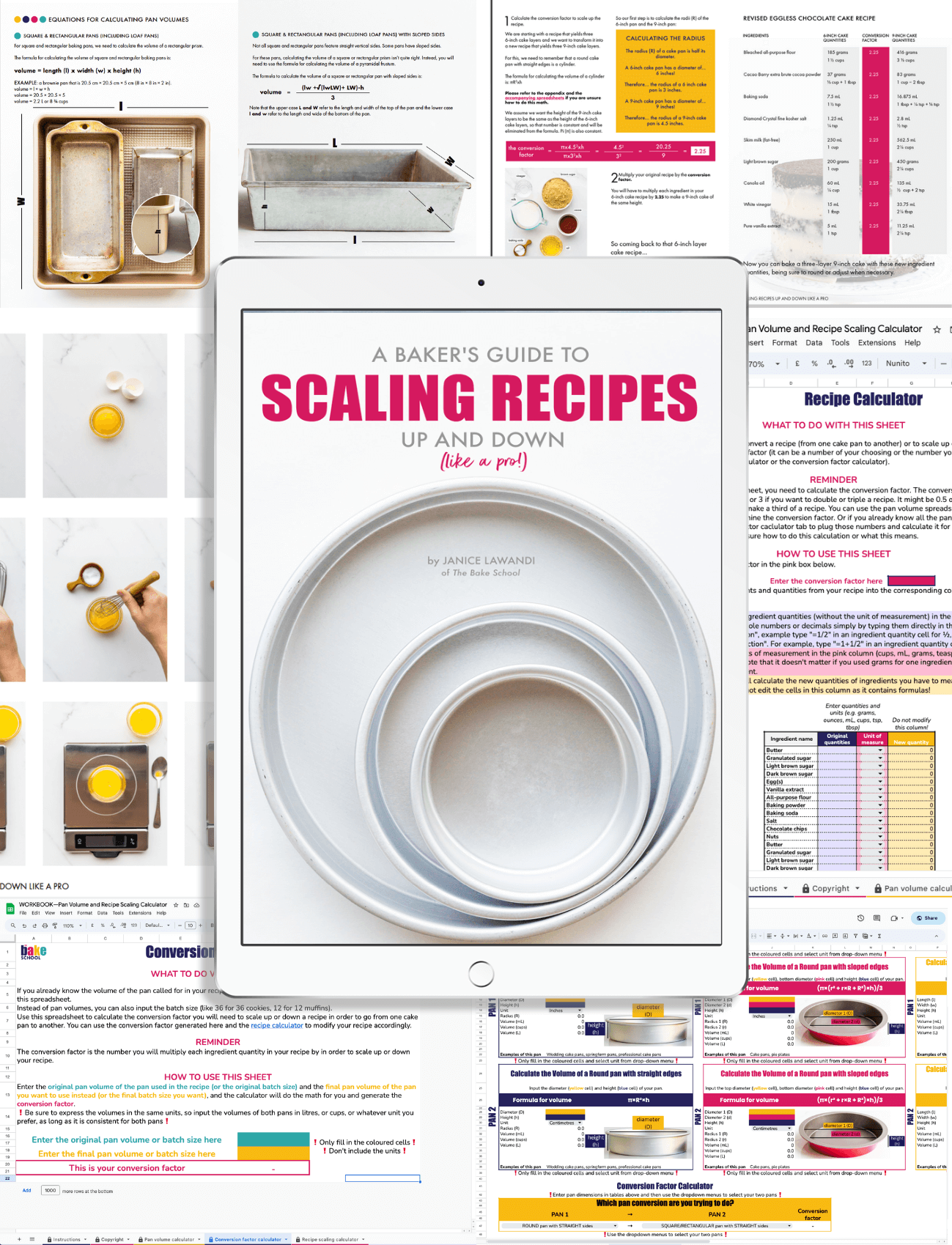 A collage of sample pages and spreadsheets from the ebook + workbook bundle "Scale Recipes Up and Down Like a Pro".