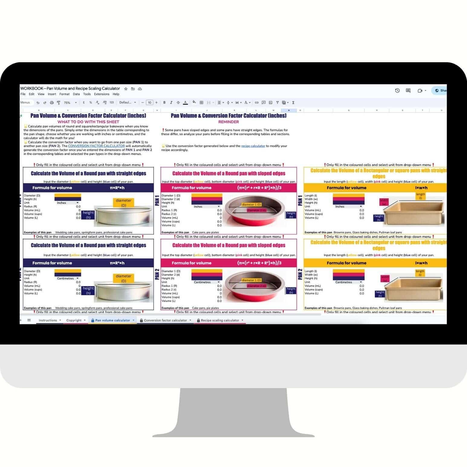 A spreadsheet that calculates baking pan volumes displayed on a computer screen.