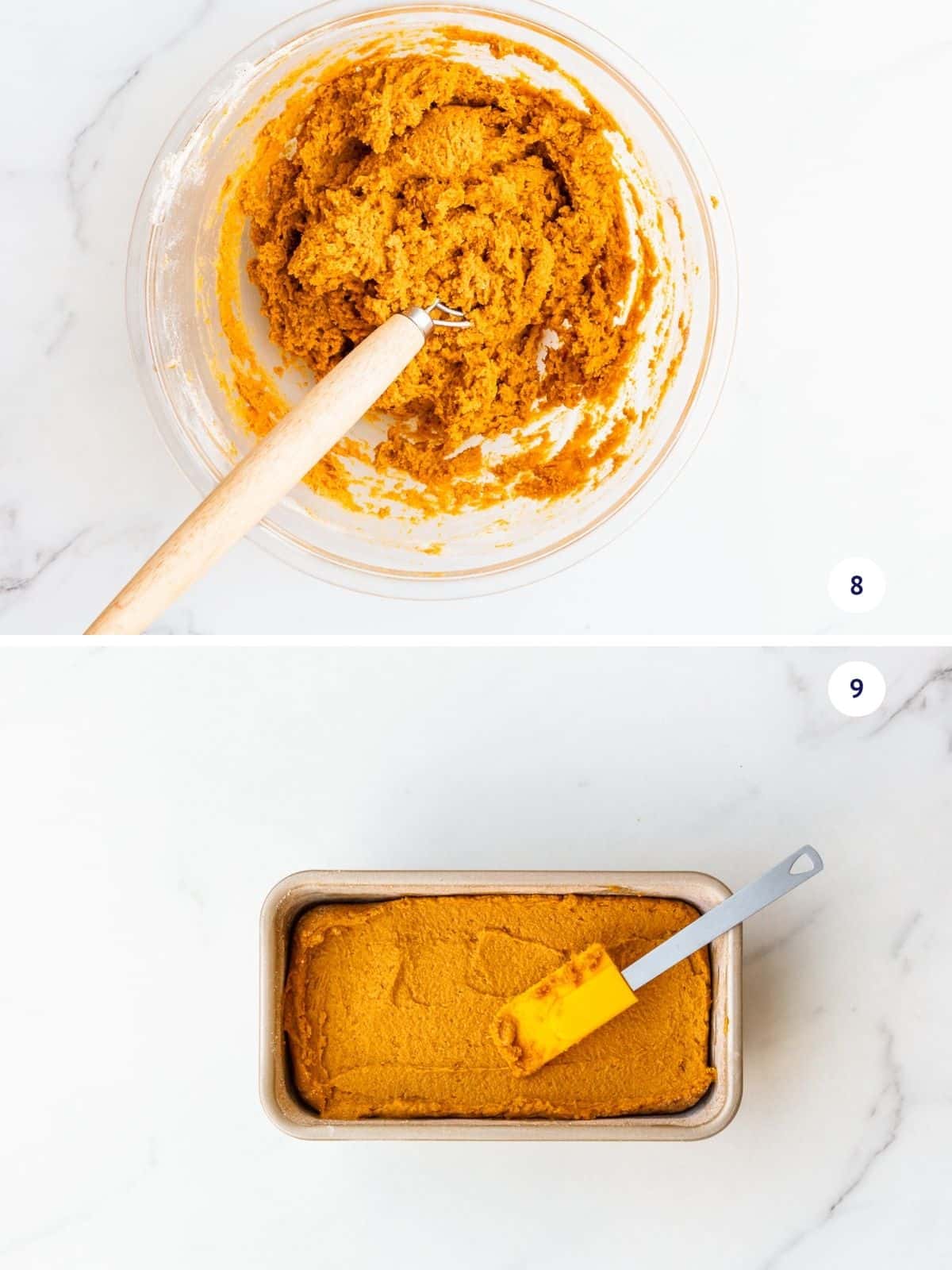 Collage to show thick pumpkin bread batter in a bowl, then in a loaf cake pan smoothed with a spatula.