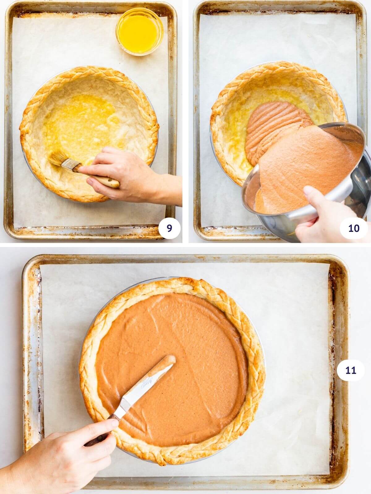 Filling a par-baked pie crust with apple butter pie filling.