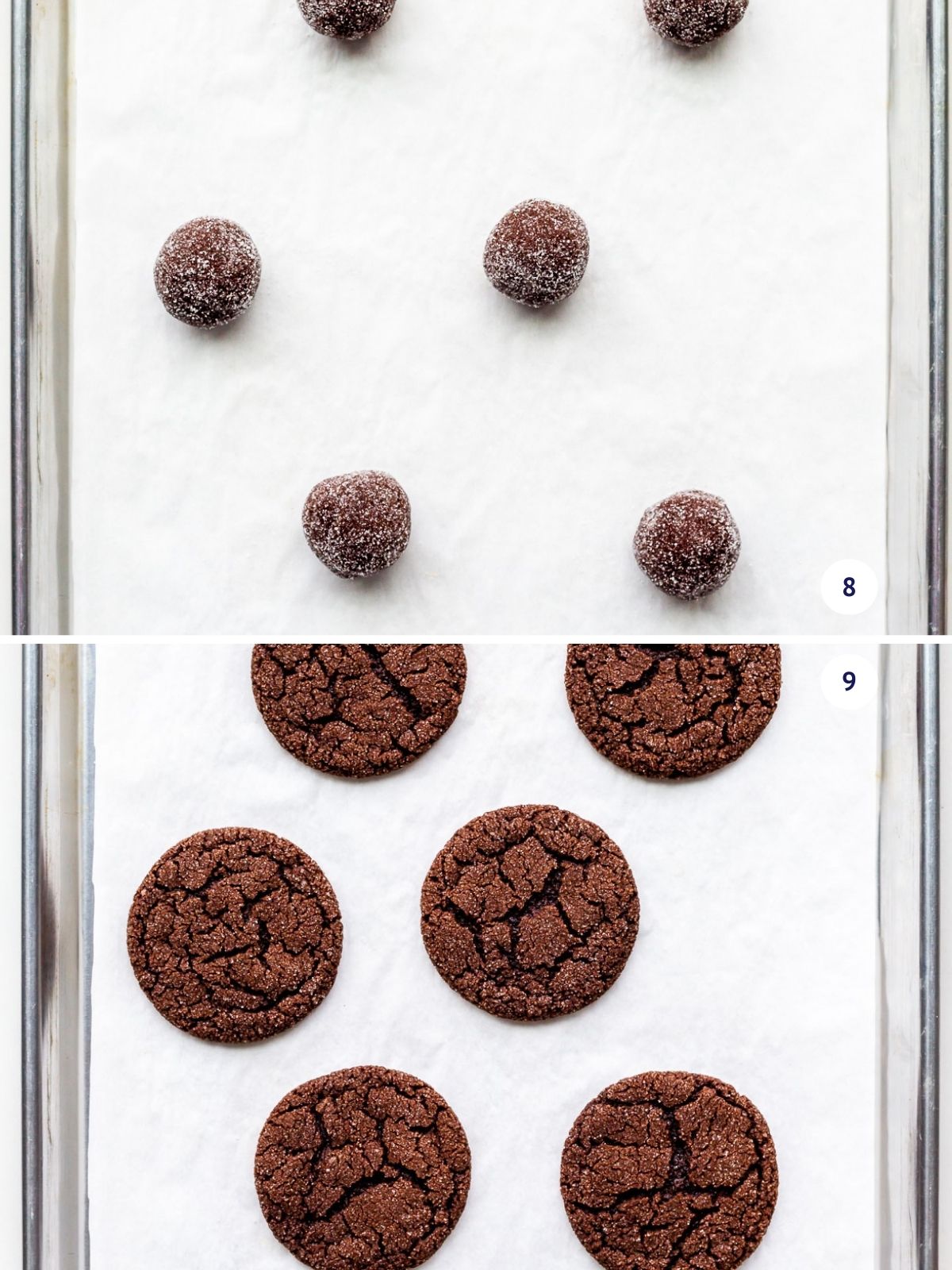 Chocolate sugar cookies before and after baking to show how they crack and sparkle.