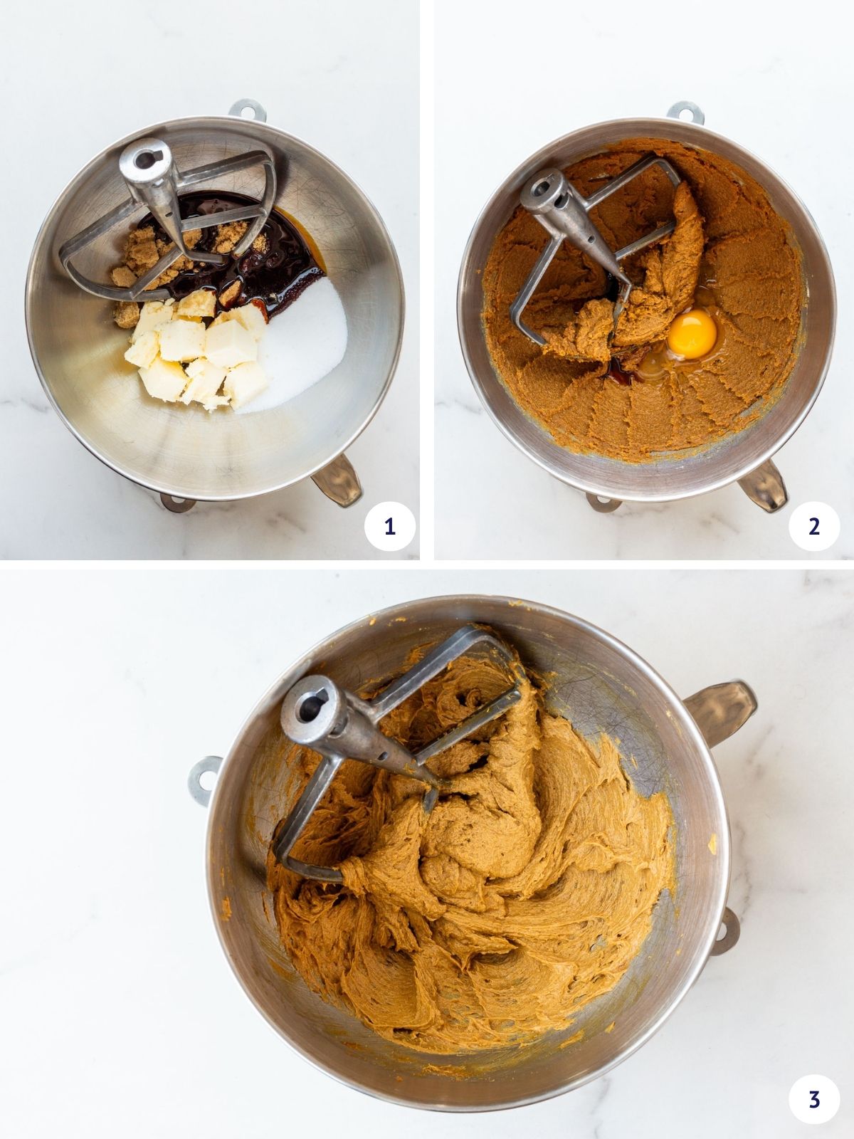 Collage of images to show creaming butter, sugar, and molasses, then adding egg to make the dough for ginger cookies.