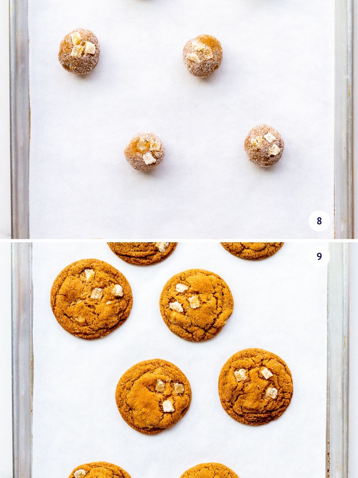 Ginger cookies before and after baking on a sheet pan.