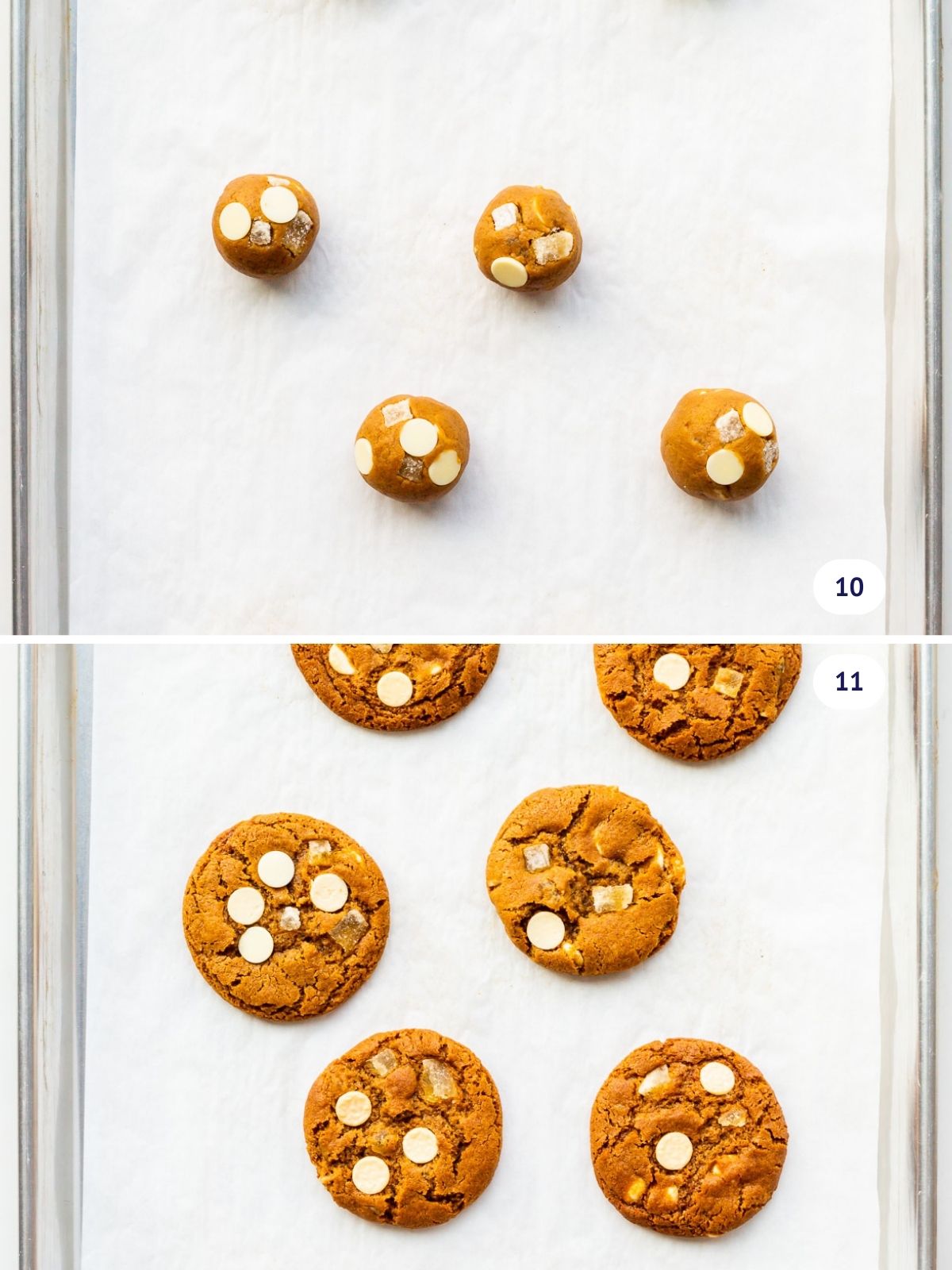 Ginger cookies with white chocolate before and after baking on a parchment paper-lined sheet pan.