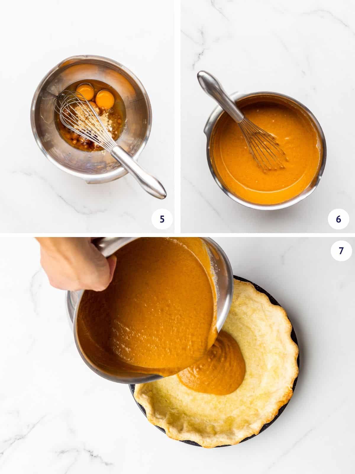 Whisking pumpkin pie filling and then pouring into a par-baked pie crust.