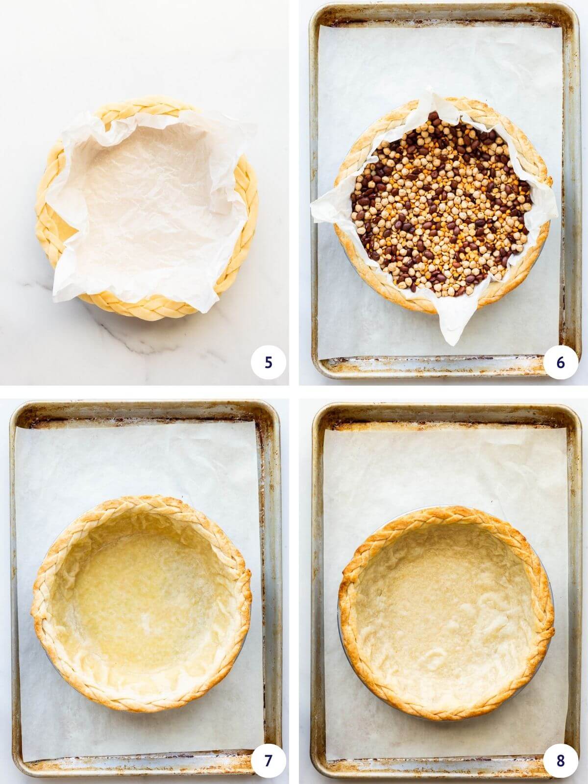 Collage of images showing steps to par-bake a pie crust, lining pie crust with parchment, then filling with pie weights or dried beans, then baking until set and dry.