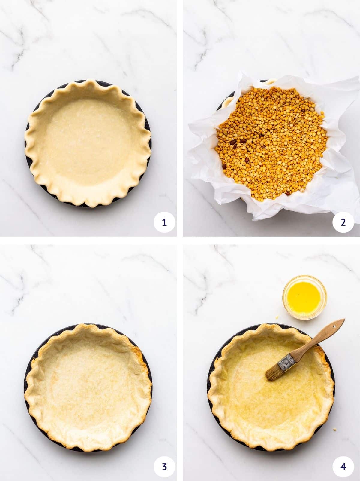 Steps to par-bake a pie crust, including brushing the inside with an egg wash before pouring the wet filling to prevent a soggy pie crust.