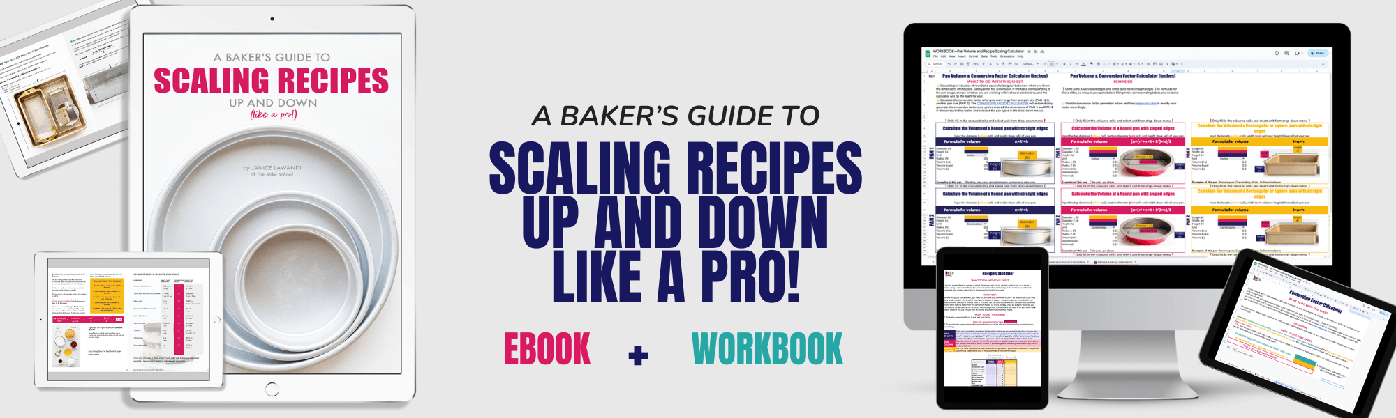 Recipe scaling calculator and ebook promotional banner.