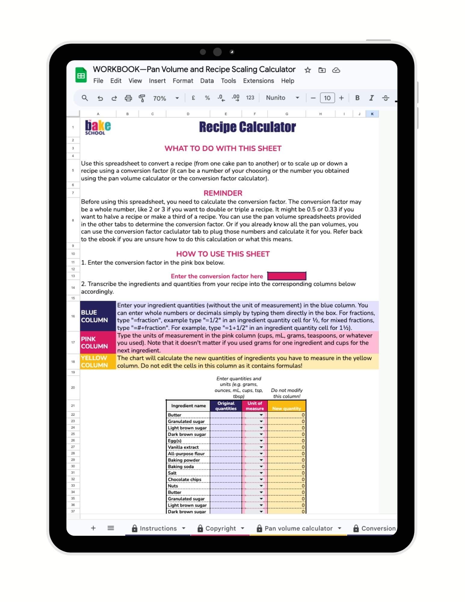 Recipe scaling calculator spreadsheet displayed on a tablet screen.