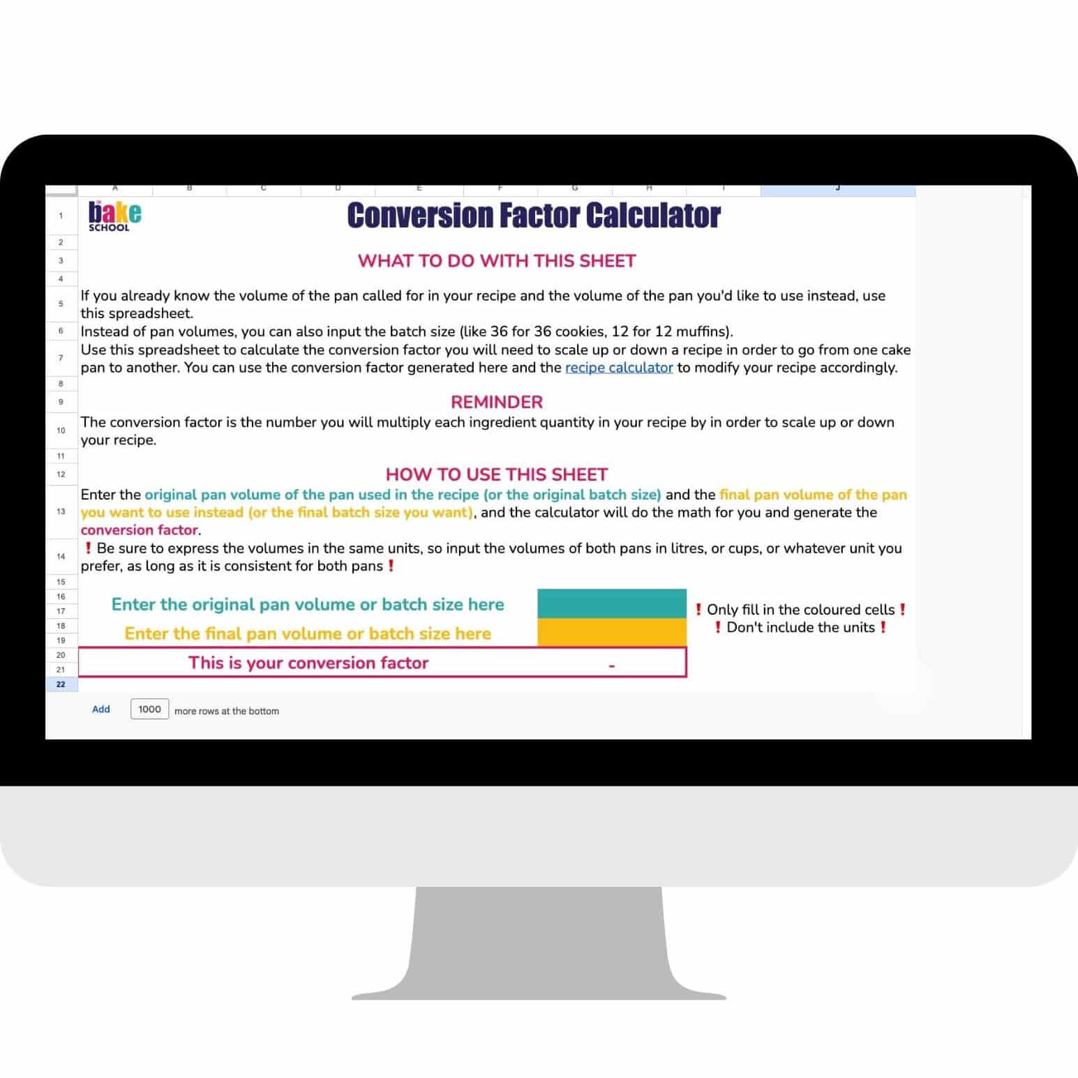 A conversion calculator spreadsheet displayed on a computer screen.