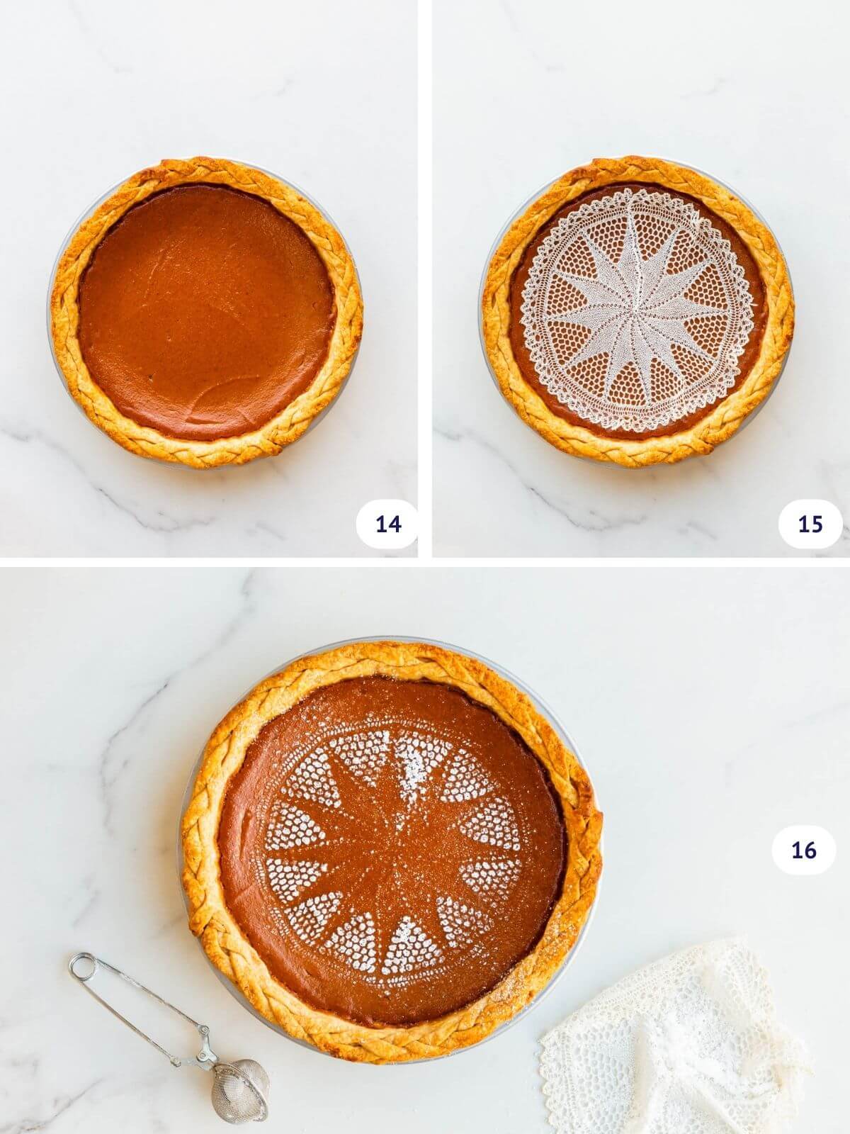 Stencilling the smooth top of a custard pie (like pumpkin or apple butter pie) with icing sugar to decorate it easily.