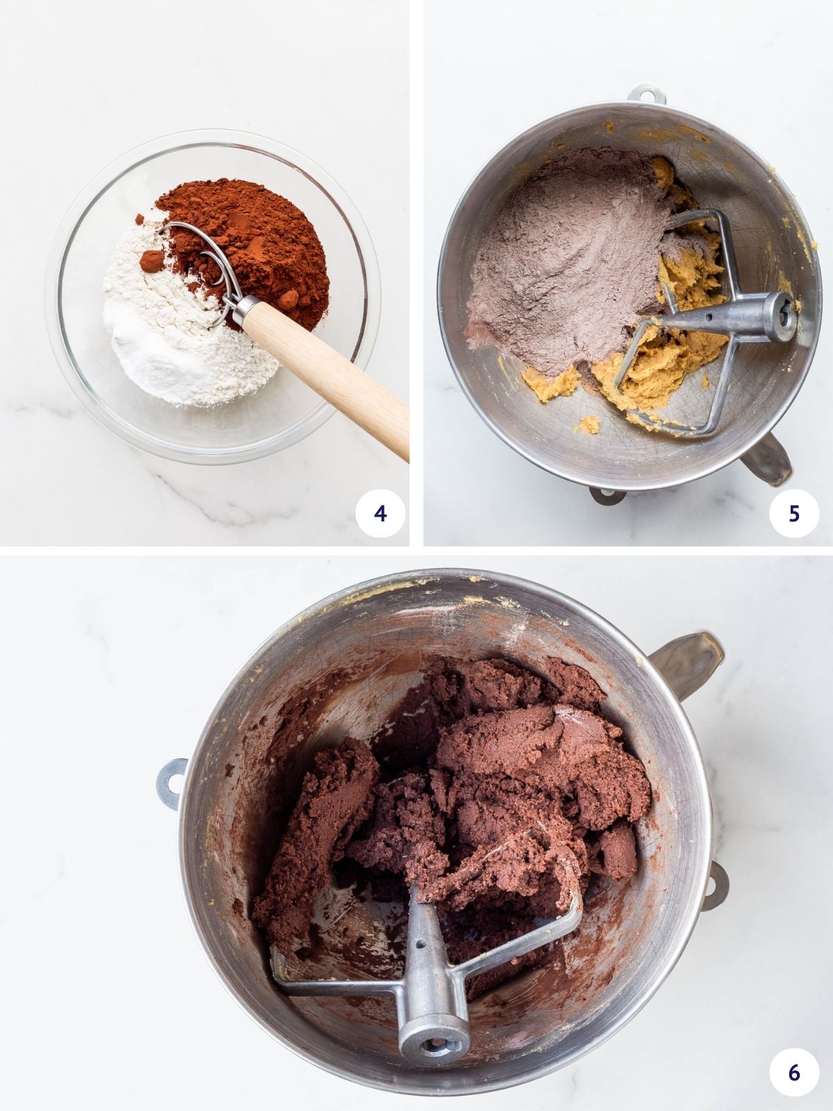 Collage of images to show whisking dry ingredients together and then incorporating them with creamed butter, sugar, and eggs in stand mixer bowl to make chocolate sugar cookie dough.