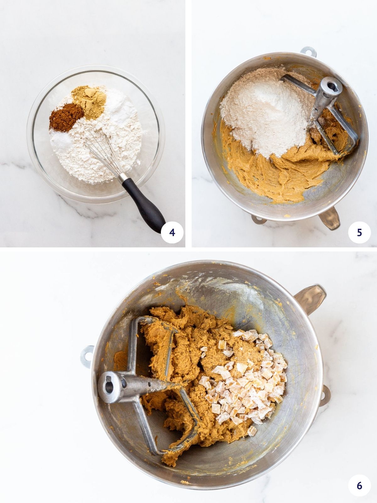 Whisking dry ingredients and incorporating with creamed mixture to make ginger cookie dough with crystallized ginger.