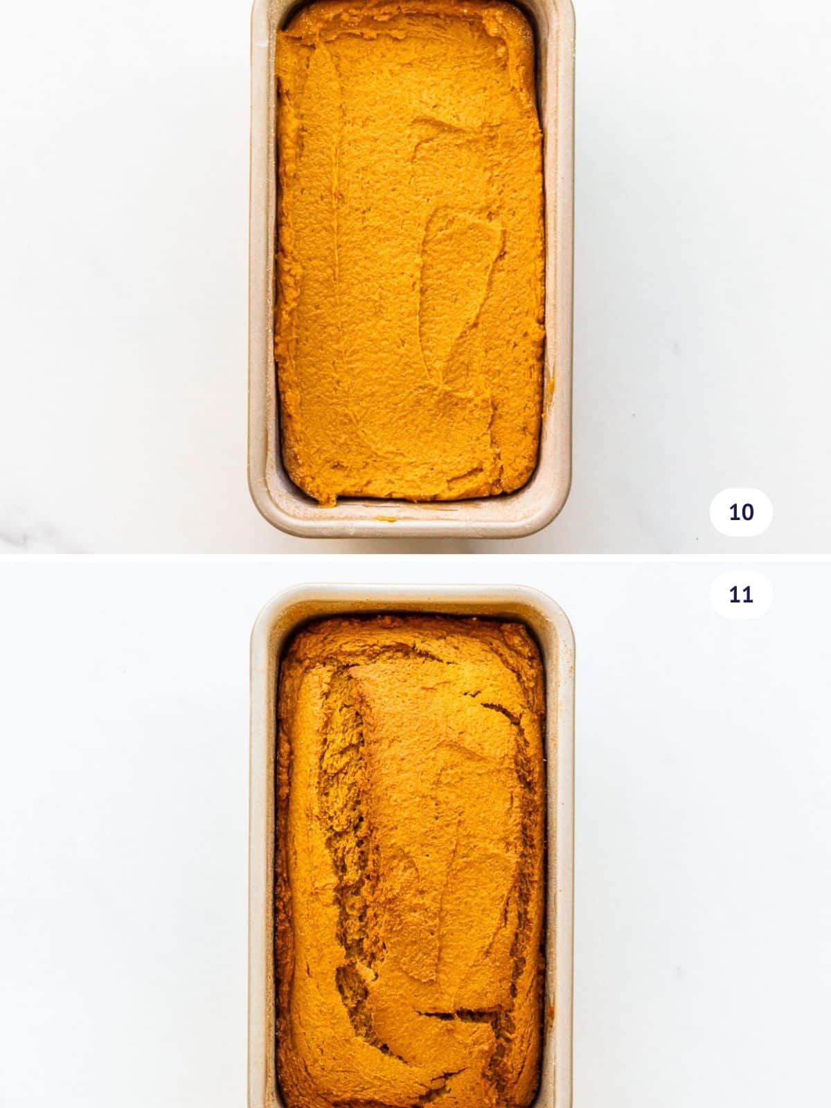 Whole wheat pumpkin bread before and after baking.