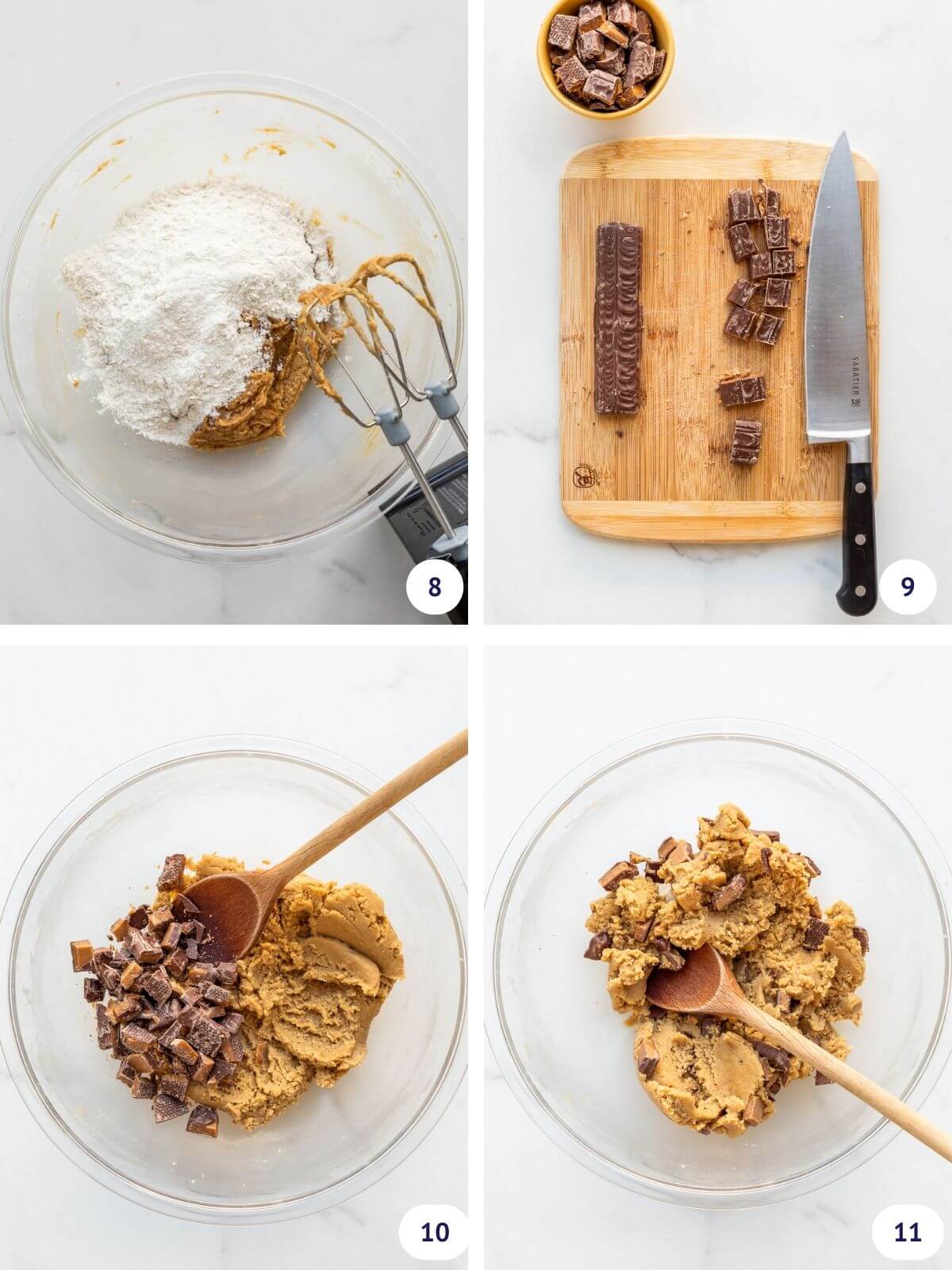 Incorporating dry ingredients and then chopped toffee bars in cookie dough to make blondie bars.