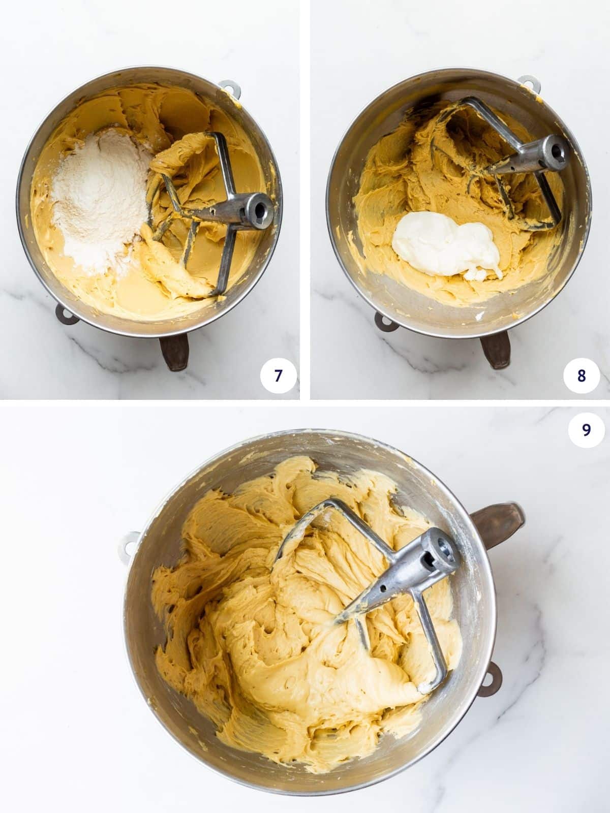 Alternating dry ingredients and sour cream to make coffee cake batter that is light and fluffy, but thick.